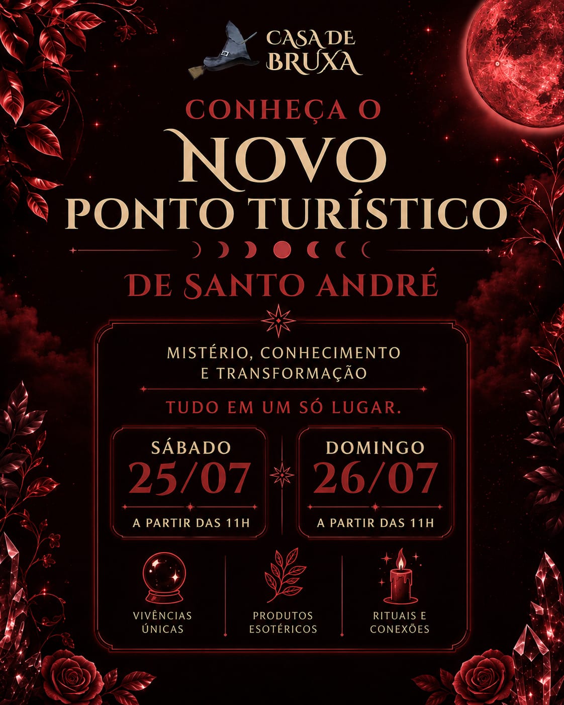 Conheça o novo ponto turístico de Santo André!
A Casa de Bruxa abre as portas para uma experiência cheia de mistério, conhecimento e transformação.
Venha viver momentos únicos, conhecer produtos esotéricos, participar de rituais, fazer novas conexões e mergulhar em um universo mágico. Esperamos você!
#CasaDeBruxa #SantoAndré #PontoTurístico #Turismo #Esoterismo #Magia #Misticismo #Espiritualidade #Vivências #Rituais #ProdutosEsotéricos #Conhecimento #Transformação #ABCPaulista #Evento #FimDeSemana #ExperiênciaÚnica #Energia #Bruxaria #VemConhecer