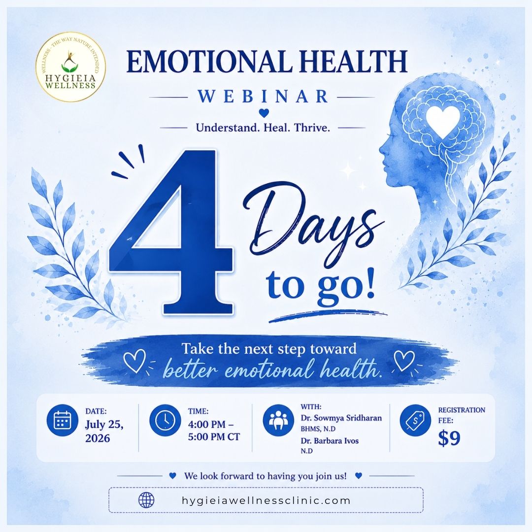There's just 4 days left until our Emotional Health Webinar, and we'd love to have you join us!
Many of us focus on physical health but overlook the powerful impact our emotions have on our overall well-being. In this one-hour webinar, you'll learn practical tools to better understand your emotions and support your health from the inside out.
Join us to learn about:
The mind-body connection
Emotional eating
The emotional roots of addiction
How trauma can affect adulthood
Practical techniques to build emotional resilience
📅 July 25, 2026
🕓 4:00–5:00 PM CT
💲 Registration: Just $9
Your webinar link will be emailed to you before the session.
Seats are limited—register today! Link in bio.
#hygieiawellnessclinic #emotionalwellnesswebinar #drsowmyasridharan #drbarbaraivos #holisticwellness