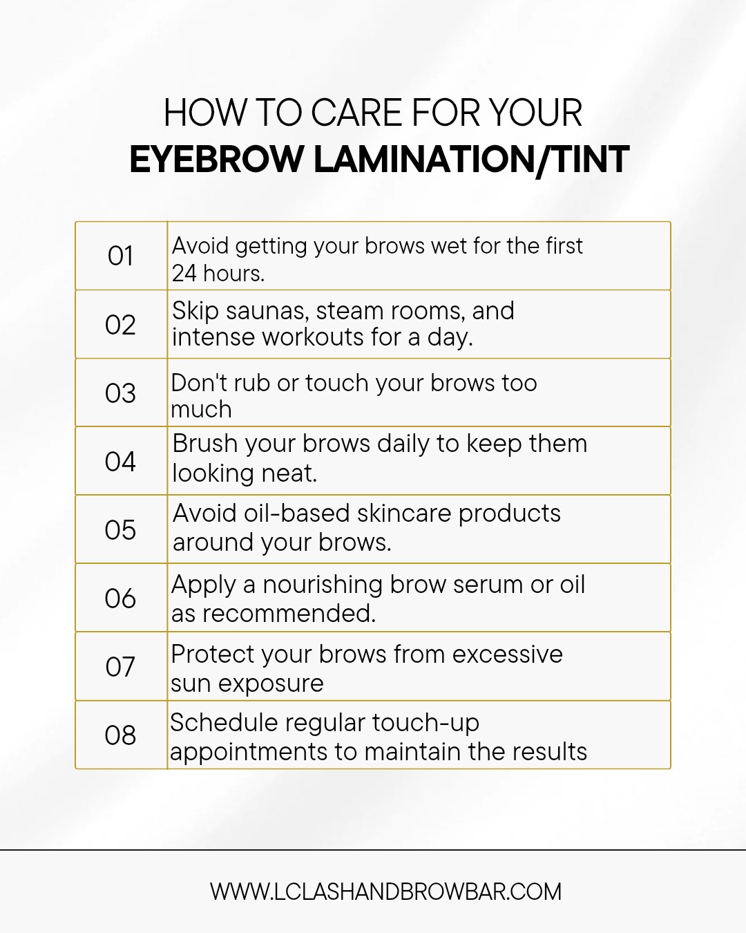 Keep your brows looking polished, defined, and beautiful. ✨
A Brow Lamination & Tint enhances your natural brows by creating a more refined and effortless look. To maintain your results, proper aftercare is essential. 🤎
Follow these simple tips to help keep your brows looking fresh and beautifully styled after your appointment.
Ready to elevate your brow game? Book your appointment today and experience the perfect brow transformation. ✨💌
#BrowLamination #BrowTint #BrowAftercare #BrowCare #BrowTransformation #LuxuryBeauty #BeautyServices #AtlantaBeauty