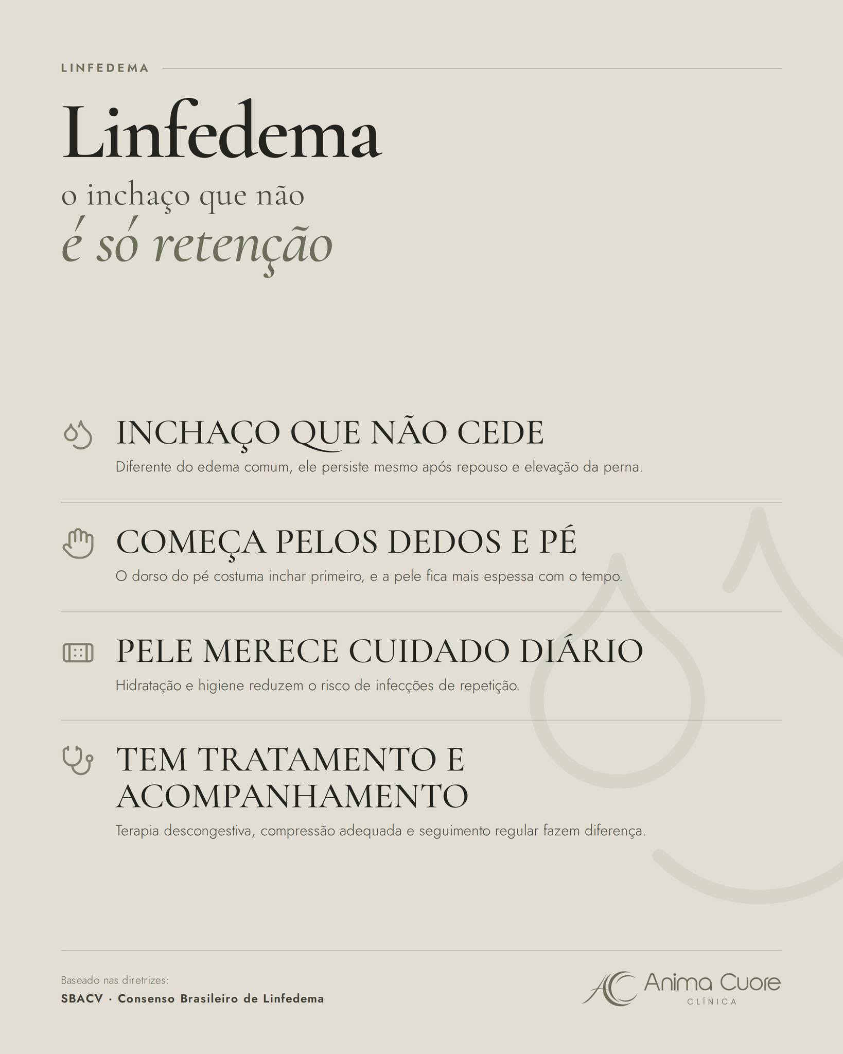 Inchaço que não passa com repouso não é retenção de líquido.
No linfedema, o edema persiste mesmo com a perna elevada, costuma começar pelo dorso do pé e a pele vai ficando mais espessa. Cuidado diário com a pele reduz infecções de repetição.
Tem tratamento e acompanhamento. O primeiro passo é o diagnóstico correto.
📍 Icaraí, Niterói · WhatsApp (21) 96704-2018 e (21) 3628-1212
Fontes: SBACV · Consenso Brasileiro de Linfedema
🌿🤍✨