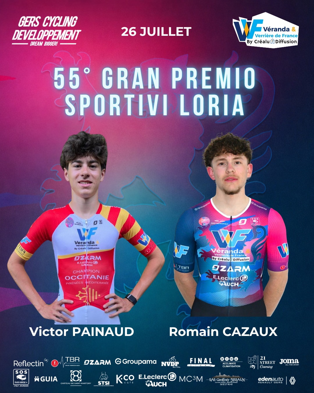 📢 COMPO DU WEEK-END
Ce week-end, direction Loria pour le GP Sportivi Di Loria 🇮🇹, où deux de nos coureurs évoluerons au sein de l'académie de NMCA U19 (Nice Métropole Côte d'Azur) !
🚴♂️ Victor Painaud
🚴♂️ Romain Cazaux
📅 Dimanche 26 juillet 2026
Bonne course à nos deux coureurs, on est derrière vous ! 💪🔥
#GersCyclingDeveloppement #DreamBigger #NMCA #GPLoria #cyclisme
@teamnicemetropolecotedazur Véranda et Verrière de France @crealudiffusion
@romain._cazaux @victor.pnd__
