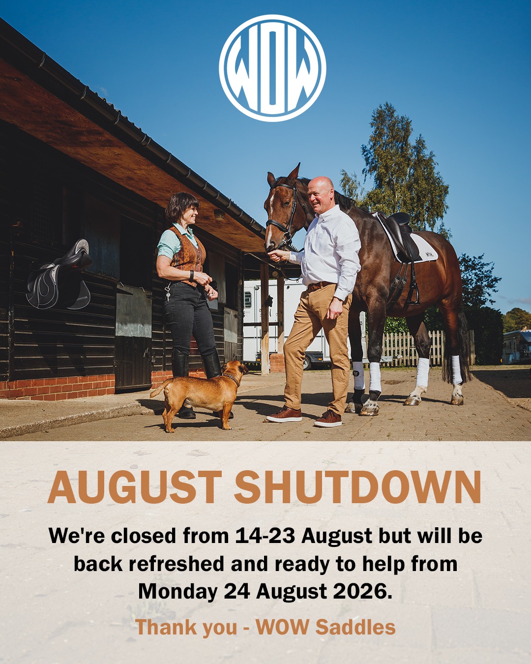 We're back from our August shutdown on Monday and ready to get back into the workshop making saddles and answering all your emails.
We really appreciate your understanding and support as att WOW Saddles we have strategic shutdowns throughout the year, where all our services stop to allow the team to take their holidays at the same time. This allows for the least disruption to producing saddles which involve all our skilled staff.