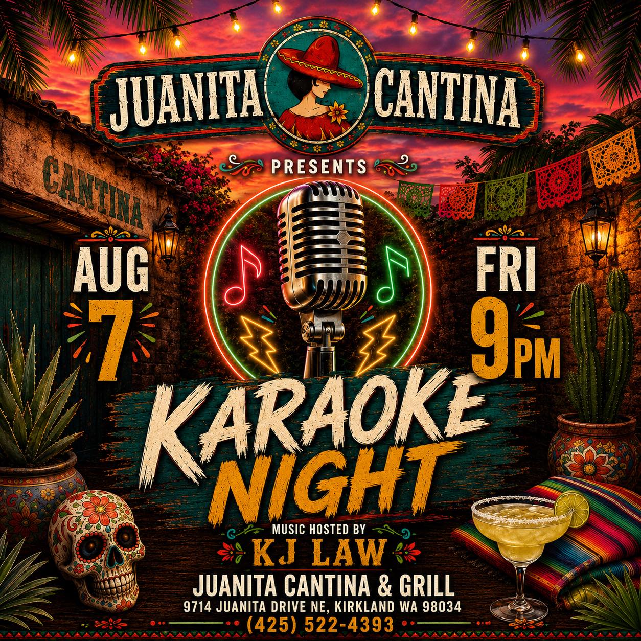 🎤 Karaoke Night at Juanita Cantina! 🎶
Warm up those vocal cords and grab your friends—it’s time for an unforgettable night of music, great food, and fun!
📅 Friday, August 7
🕘 Starts at 9:00 PM
🎙️ Hosted by KJ Law
Whether you’re ready to own the stage or cheer on your friends, everyone is welcome. Enjoy delicious Mexican food, handcrafted margaritas, ice-cold drinks, and an electric atmosphere all night long.
