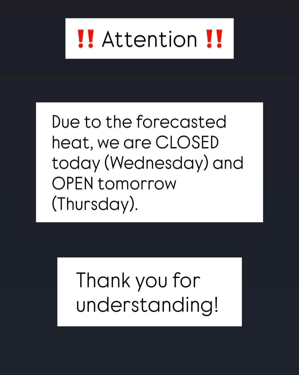 The weather forecast tricked us 😆
It’s not as hot today as predicted, but due the weather, we had planned to be closed today and open tomorrow. We will stick with the plan and see you tomorrow!
Thanks for understanding as we try to roll with the weather and limitations of a food truck. We have the best customers 🫶
