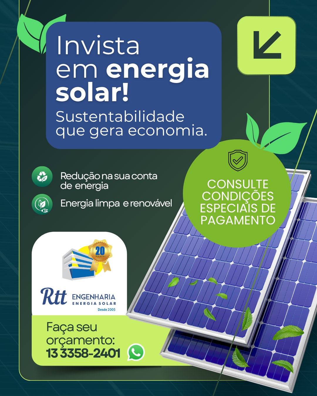 ☀️ Invista em energia solar e transforme a sua conta de luz em economia!
Chegou a hora de aproveitar todos os benefícios da energia solar com quem é referência em qualidade e confiança há 20 anos.
Com a RTT Engenharia, você conta com projetos personalizados, instalação segura e suporte especializado para garantir mais eficiência energética e redução de custos.
✅ Reduza sua conta de energia
🌱 Produza energia limpa e renovável
💰 Consulte nossas condições especiais de pagamento
🏡 Valorize seu imóvel e invista em um futuro sustentável
A energia do sol trabalha para você todos os dias. Faça um investimento inteligente e colha resultados por muitos anos.
📲 Solicite seu orçamento pelo WhatsApp: (13) 3358-2401
☎️ Telefone: (13) 3329-3628
📧 comercial@rttengenharia.com.br
RTT Engenharia - Elétrica voltada à vida, desde 2005.
📍Atendemos toda a Baixada Santista e o Litoral de São Paulo.
💬 Escreva "SOLAR" nos comentários ou chame no WhatsApp para receber uma proposta personalizada.
#RTTEngenharia #EnergiaSolar #EnergiaFotovoltaica #PainelSolar