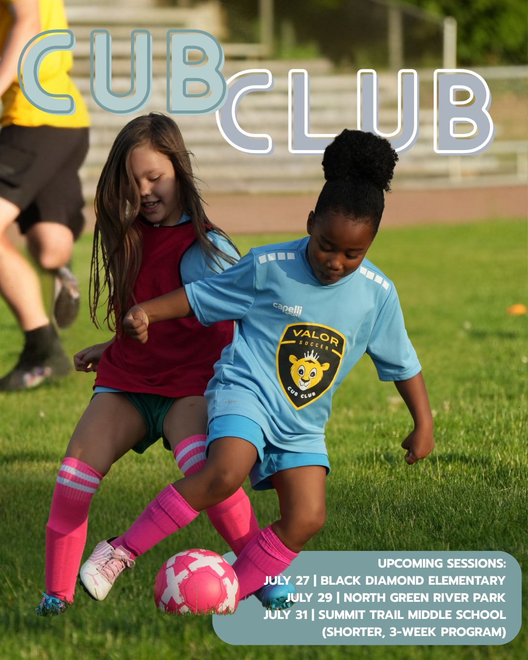 Our next Cub Club Adventures start up again next week!
Choose the session that works best for your family:
Monday Package
Black Diamond Elementary
Starts July 27
Wednesday Package
North Green River Park
Starts July 29
Friday Package (3 Weeks)
Summit Trail Middle School
Starts July 31
Designed for Pre-K - 2nd Graders, players will build confidence, learn core soccer skills, and most importantly have fun! #YouthSoccer #CubClub #WeAreValor
Registration closes the day before each session begins. To register your player, click the camps & clinics link in our bio.