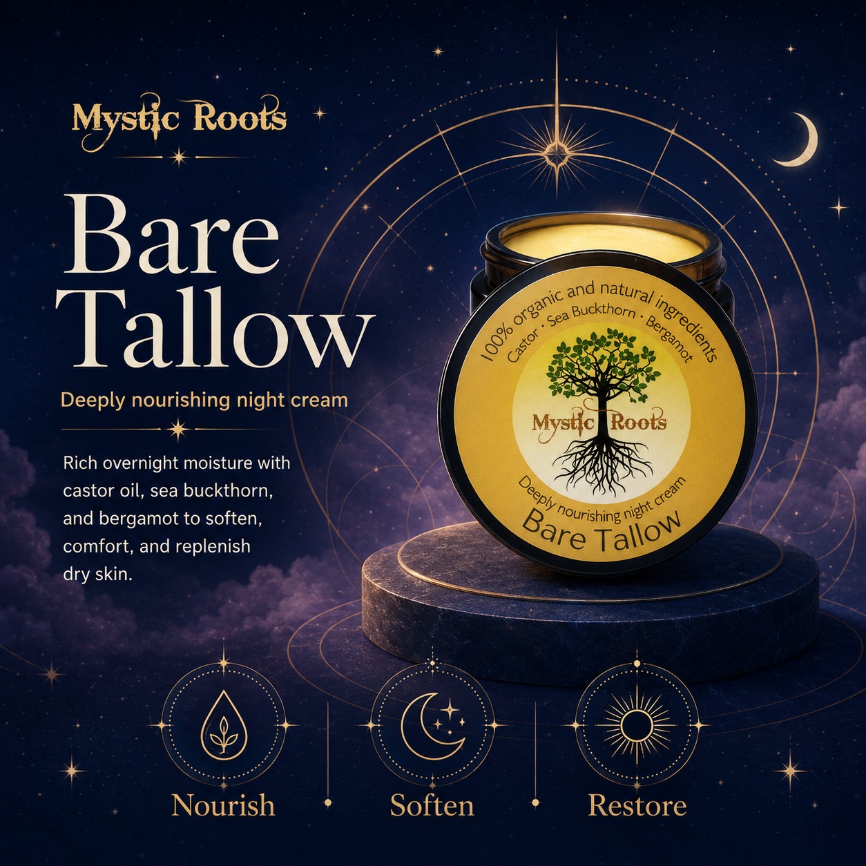 Unlock your skin's full potential at night! Mystic Roots Bare Tallow Night Cream transforms evening routines into empowering rituals of self-love and rejuvenation.