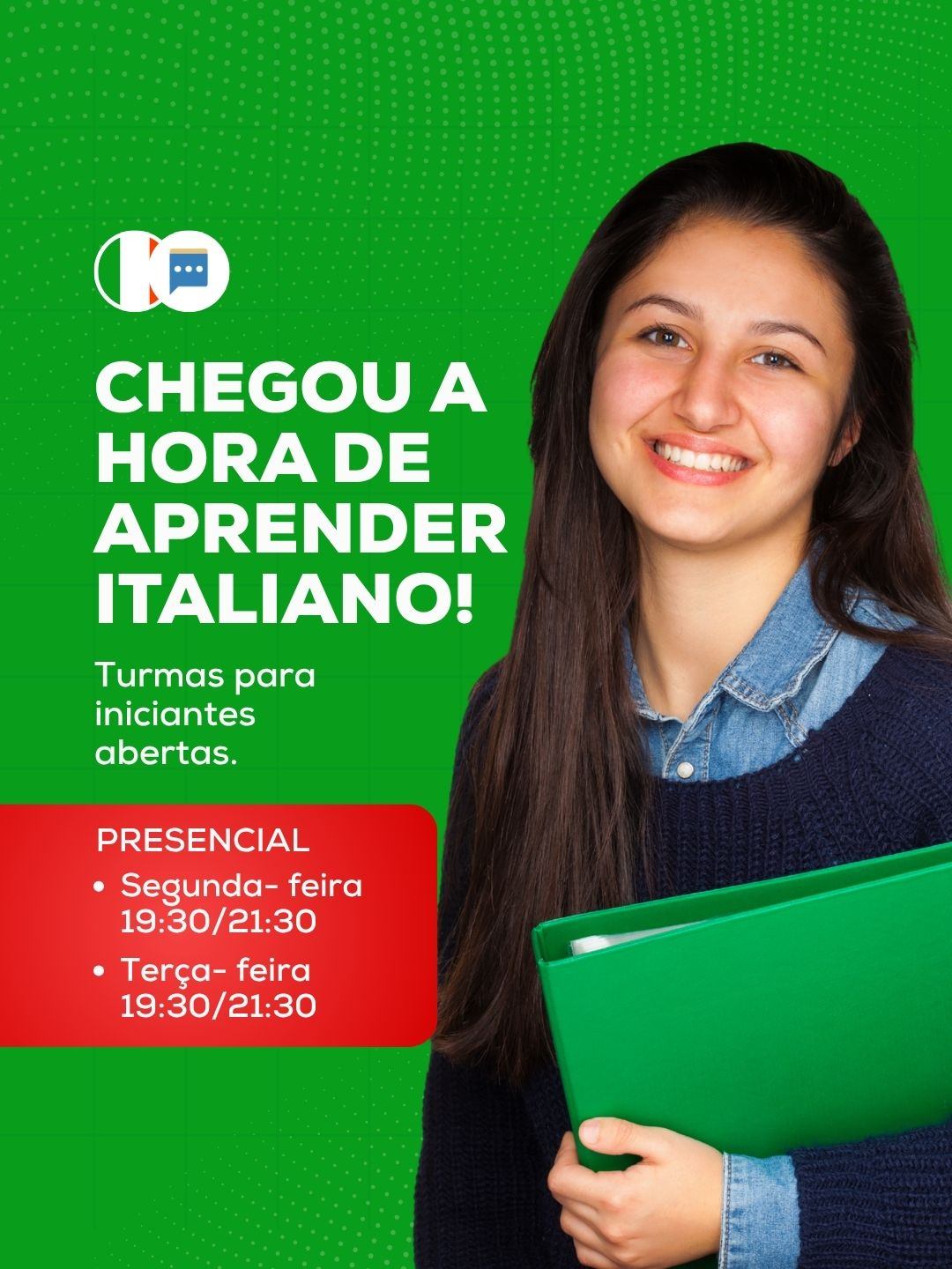 Sempre sonhou em falar italiano? Seja para resgatar suas origens, viajar com mais confiança ou ampliar suas oportunidades, a ACELE está com turmas para iniciantes esperando por você.
As aulas são presenciais, com uma metodologia prática que desenvolve a comunicação desde os primeiros encontros.
📍 Opções de turma:
• Segunda-feira: 19h30 às 21h30.
• Terça-feira: 19h30 às 21h30.
Comece do zero com professores experientes e descubra como aprender um novo idioma pode ser mais leve e eficiente do que você imagina.
📲 Entre em contato e garanta sua vaga!
#ACELE #Italiano #CursoDeItaliano #Idiomas #AprendaItaliano