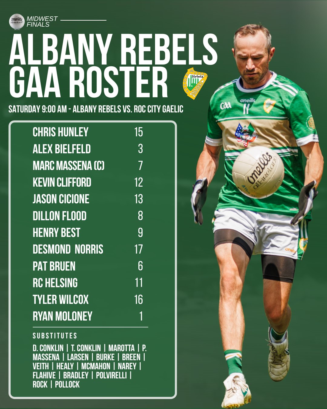 🚨ROSTER ANNOUNCEMENT🚨
As the Rebels travel out to Rochester, the one thing on all our minds is getting ready to play our hearts out and leave everything on the field, and it all starts here with our opening game roster.
The Rebels take the field at 9:00 a.m. on Saturday against Roc City Gaelic.
Rebels Abú!
Roster Addition: Mark Adam #2 (Starter)
