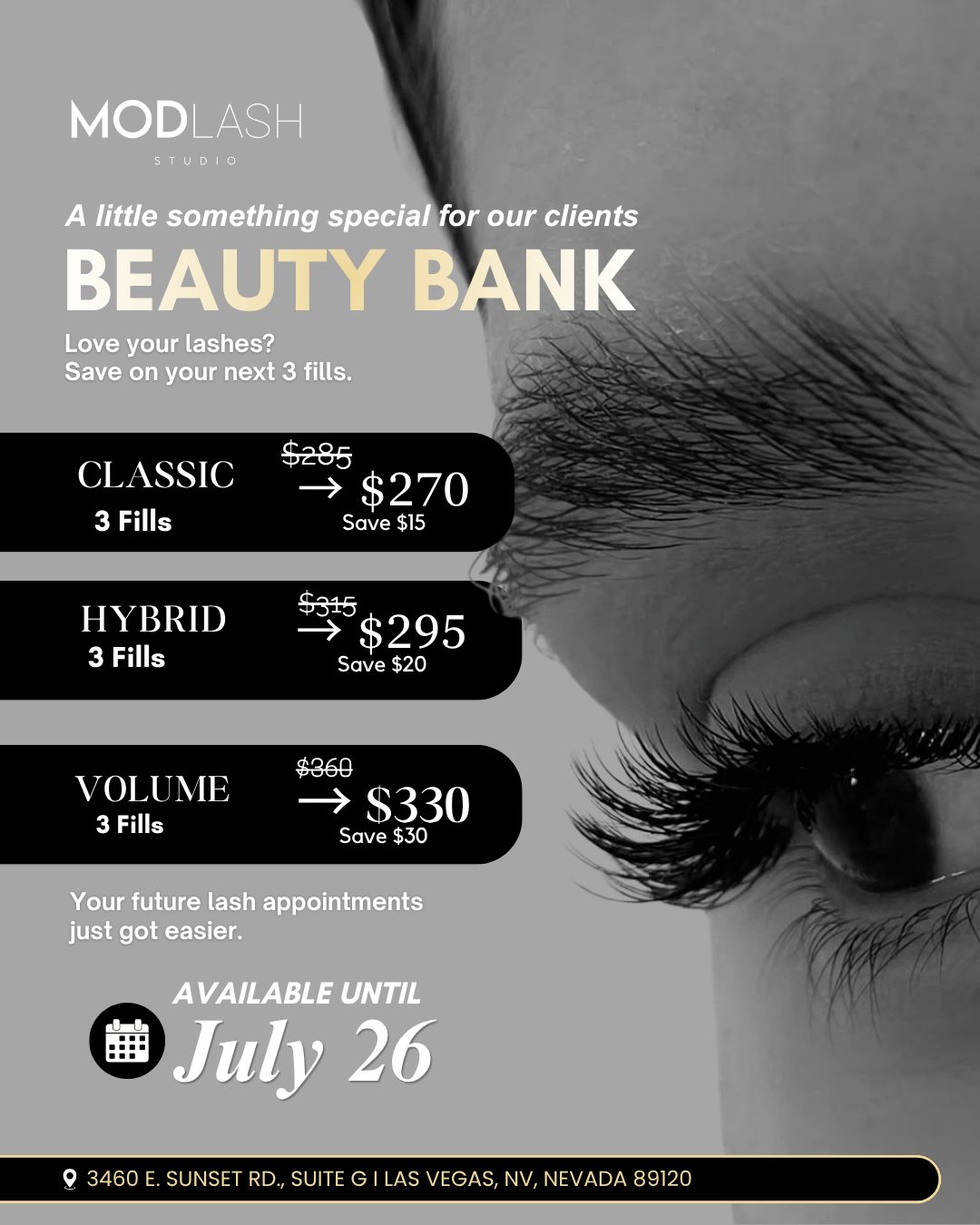 Your lash routine deserves the same level of care as your results. 🤍
For a limited time, secure your next 3 lash fills with our ModLash Beauty Bank and enjoy exclusive package pricing.
✨ Classic: $270 (Regular $285)
✨ Hybrid: $295 (Regular $315)
✨ Volume: $330 (Regular $360)
Available through Saturday, July 26. Reserve your Beauty Bank package today. #modlashstudio #modlash #lashextensions #lasvegas #eyelashes