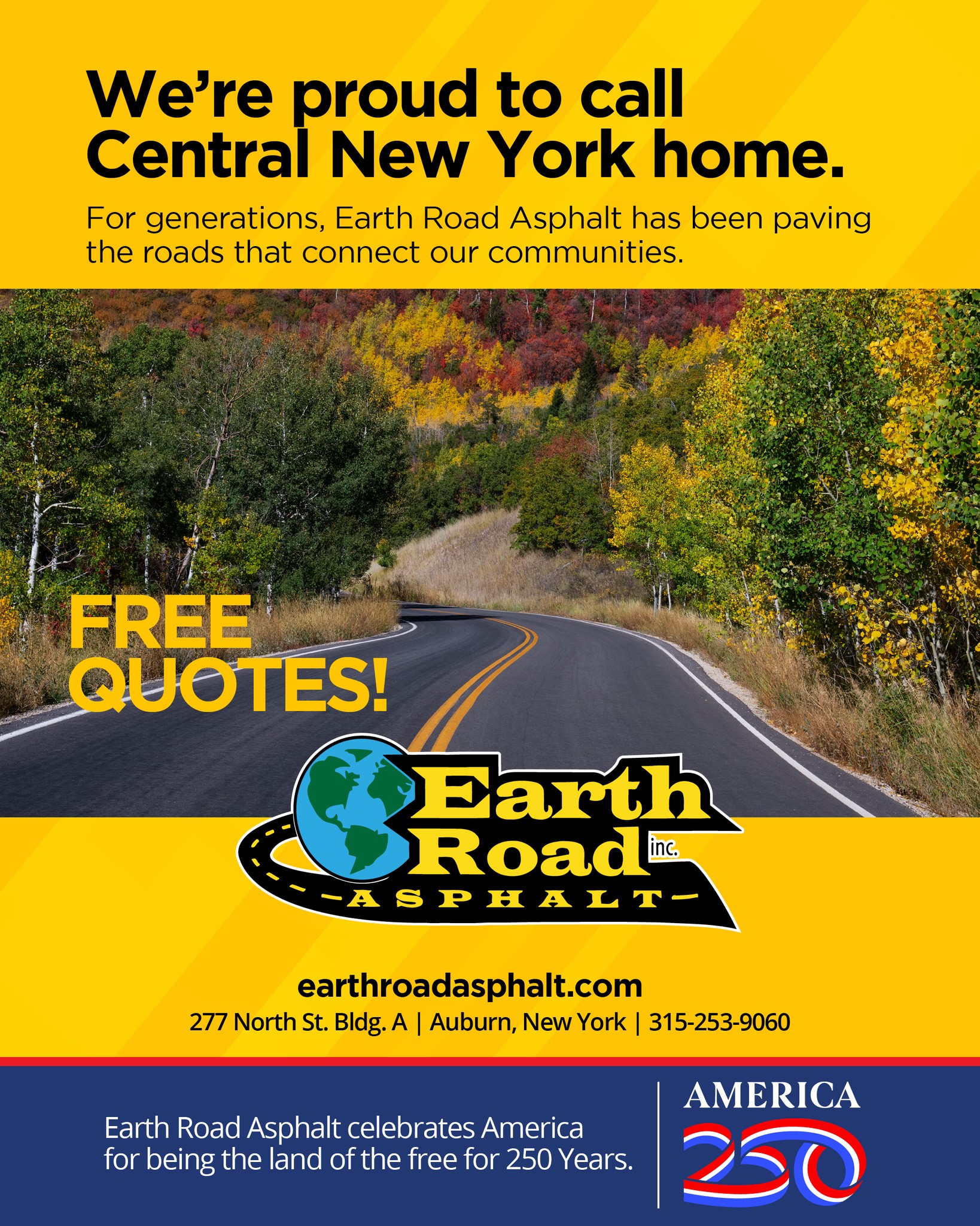 Proud to call Central New York home. 💛
For generations, Earth Road Asphalt has been paving the roads that connect our communities — and we’re proud to be part of the places we live, work and serve.
As America celebrates 250 years, we’re proud to celebrate the communities that make CNY such a special place to call home. 🇺🇸
Ready for your next paving project? Contact Earth Road Asphalt today for a FREE quote!
📍 277 North St., Bldg. A, Auburn, NY
📞 315-253-9060
🌐 earthroadasphalt.com
#EarthRoadAsphalt #CentralNewYork #CNYProud #America250 #WME