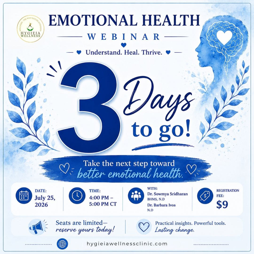 The countdown is on—only 3 days until our Emotional Health Webinar!
Your emotional health plays a bigger role in your overall well-being than many people realize. Join Dr. Sowmya Sridharan, BHMS, N.D. and Dr. Barbara Ivos, N.D. for an insightful one-hour webinar where you'll learn practical strategies to better understand your emotions and support lasting wellness.
Here's what you'll learn:
💙 How emotions can influence your physical health
🍽️ The connection between emotional eating and well-being
🔗 Understanding the emotional roots of addiction
🌱 How trauma can continue to affect adulthood
✨ Practical tools to help you manage stress and build emotional resilience
📅 Date: July 25, 2026, Saturday
🕓 Time: 4:00–5:00 PM CT
💲 Registration Fee: Just $9
The webinar link and joining instructions will be emailed to all registered participants before the session begins.
Only 3 days left—reserve your seat today and take the next step toward better emotional health. Link in bio.
#hygieiawellnessclinic #emotionalwellnesswebinar #drsowmyasridharan #drbarbaraivos #holisticwellness