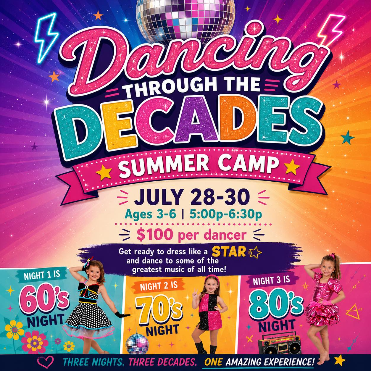✨ Calling all little superstars! ✨
Grab your bell bottoms, leg warmers, and biggest smiles because we’re ready to dance our way through the decades!
Which night is your little one be most excited for?
🌼 60s • 🪩 70s • 🎀 80s
Spots are limited, so don’t wait to join the fun! Email us at thedancefactory@live.com to pre-register and tag a friend with a little one that may want to join in on the fun!!