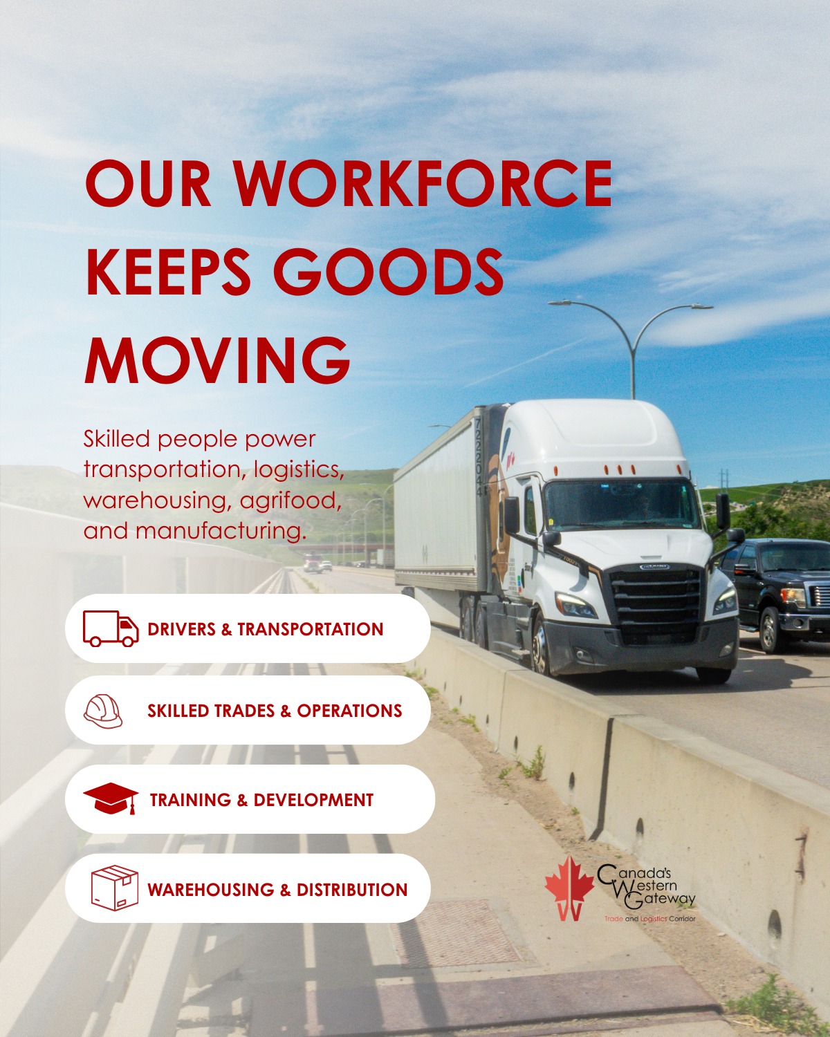 What keeps a trade corridor moving?
It's not just highways, rail, or infrastructure. It's the people behind every shipment, every warehouse, every production line, and every delivery.
Across Southern Alberta, skilled workers support transportation, logistics, warehousing, agri-food, manufacturing, and the industries that keep goods moving efficiently across the region.
Canada's Western Gateway is committed to strengthening the relationships, workforce, and opportunities that support long-term economic growth.
Learn more about the businesses and industries powering our corridor at canadaswesterngateway.ca