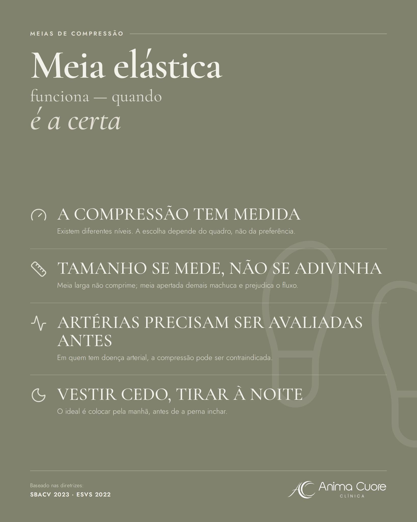 Meia elástica não é tamanho único — e não é palpite.
Existem níveis diferentes de compressão, e a escolha depende do quadro. Meia larga não comprime; apertada demais machuca. O tamanho se mede.
Antes de indicar compressão, é preciso avaliar as artérias.
📍 Icaraí, Niterói · WhatsApp (21) 96704-2018 e (21) 3628-1212
Fontes: SBACV 2023 · ESVS 2022
🌿🤍✨