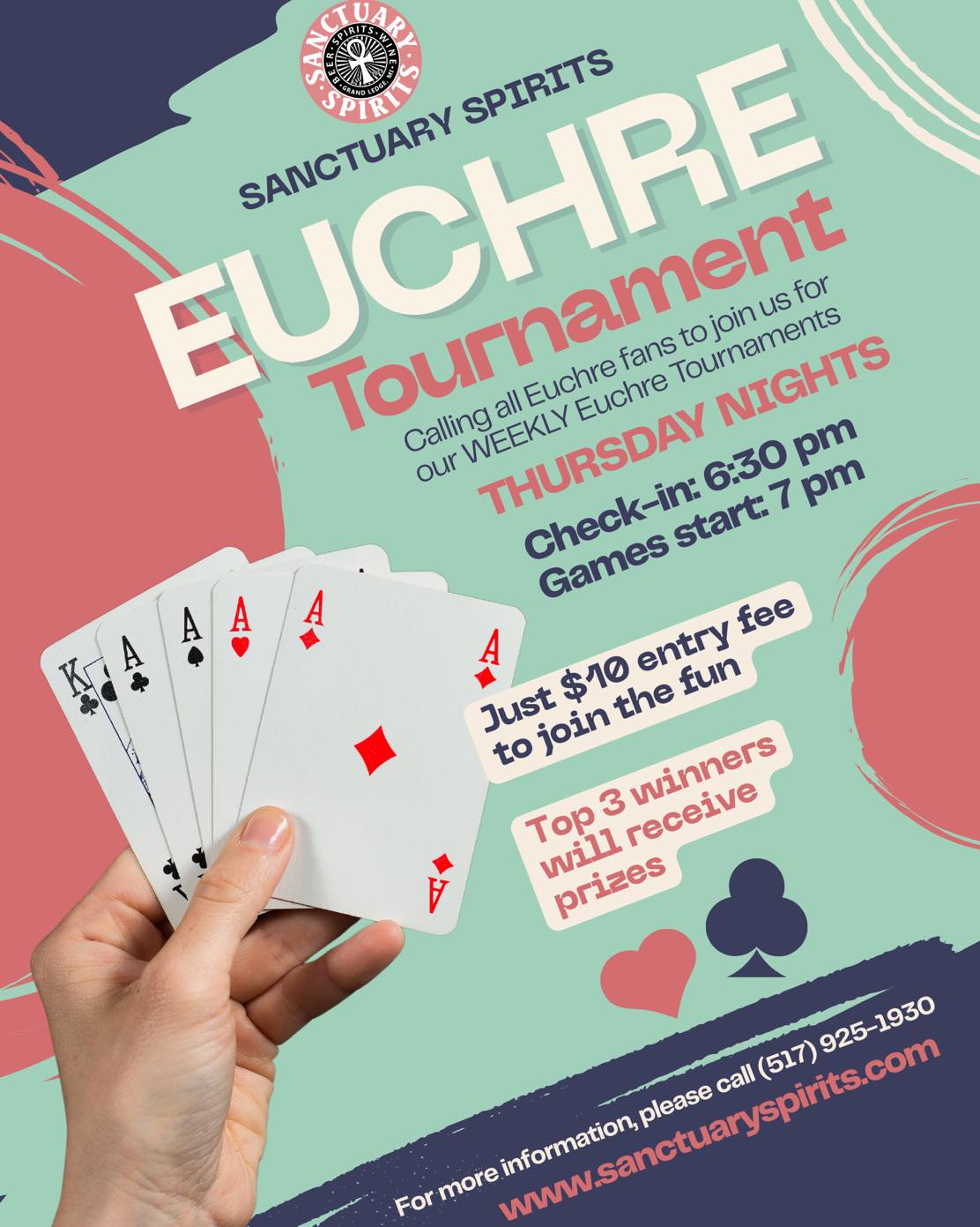 ♥️♠️ Euchre night just got even better! Sis’s Stories mobile bookstore will be here too!
🃏Thursday night Euchre tournaments start at 7 pm. $10 entry fee, pay top 3 places. No partner required, progressive format.
📚While you’re here stop in to the book store, They have all the best sellers. Snag a good read and enjoy it with a glass of wine 🍷 on our patio or join us inside for cards. It’s all good 😊
#sissstories #euchrenight #euchretournament #sanctuaryspirits