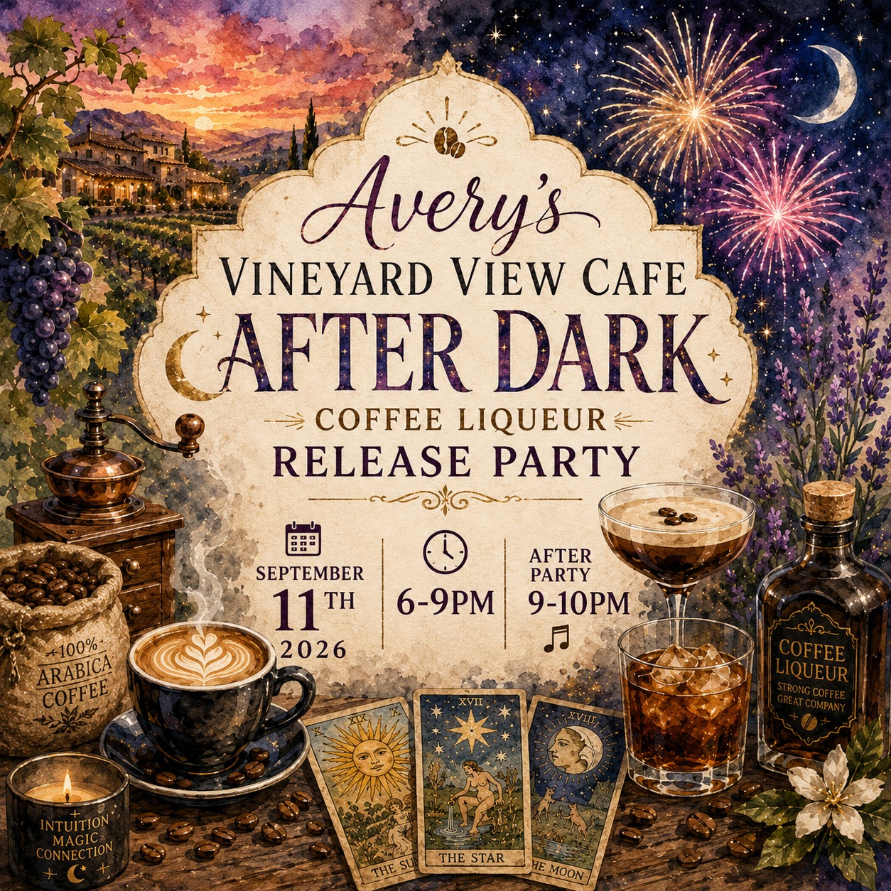 JOIN US FOR OUR ANNUAL RELEASE PARTY!!
This year we are excited to host a delicious Avery's Vineyard View Cafe "AFTER DARK" inspired Dinner celebrating the release of our newest spirit to the family, Coffee Liqueur!!
Come with your friends and family on September 11th from 6-9pm (Special After party from 9-10 in our beautiful tasting room) to our beautiful vibey tented space while sippin' on delicious espresso, and coffee liqueur cocktails, a magician, coffee inspired dinner selections, live music by Lewis Goodwin, Photobooth and more surprises to come!
This is a 21+ event only.
For tickets and information please visit: www.flaghill.com/upcoming