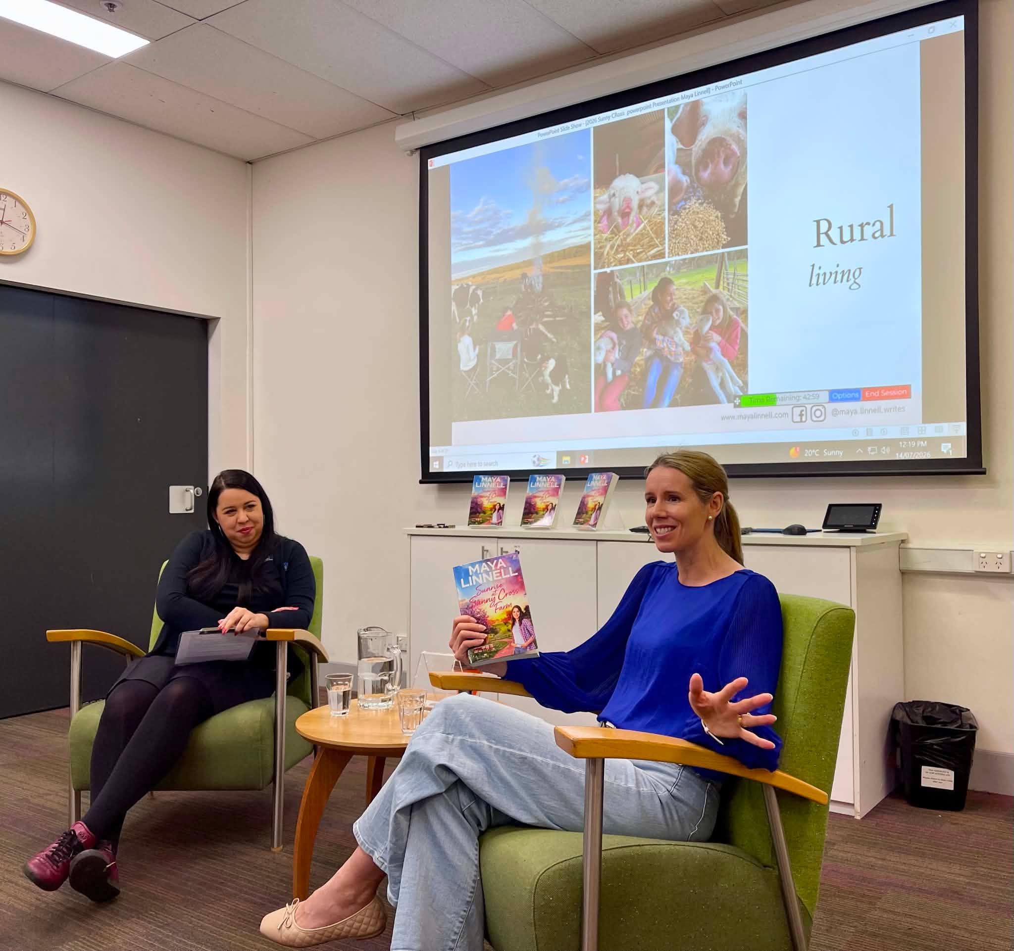 Always a joy to visit Brissie!
Thanks Brisbane Libraries for helping launch Sunrise at Sunny Cross Farm earlier this month, especially Laila for being such a great host, and the team from Sweet Chapters Book Shop for supporting last week’s event (and how cool is that whiteboard drawing, by one to the talents Brisbane librarians!!). Lovely to see friends and readers, booksellers and librarians, during this quick trip.
Keen for a signed copy? If you’re quick, you might find signed copies at@sweetchapterbooks @dDymocks Books Indooroopilly, Queen Street and Chermside and @qbdbooks Indooroopilly, Chermside and Brisbane City
@ms_train_reads_ @laurajscudamore @meldbd16 @luna_laila @allenandunwin @brisbanelibraries
