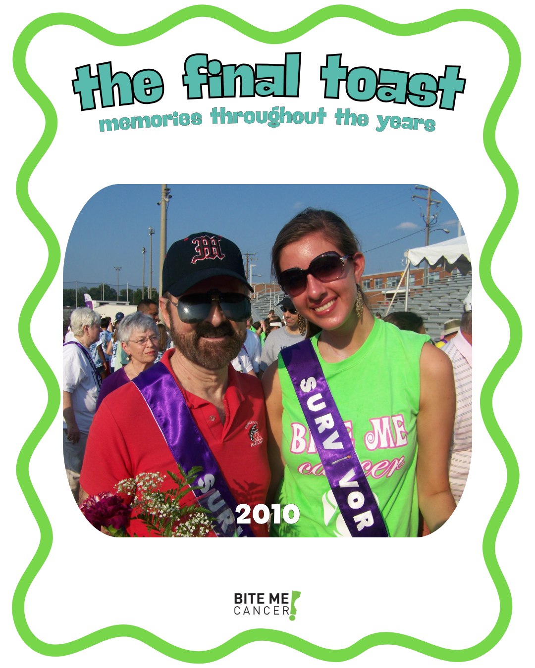 As we count down to our final Wine Dinner on October 23, we're looking back at some of our favorite Bite Me Cancer memories.
This photo was taken at our very first Relay for Life in June 2010 with our founder, Nikki, and her godfather, Howard (also dealing with cancer at the time).
Just weeks after being diagnosed with cancer at 17, Nikki was already leading a Relay for Life team. Once she named it Bite Me Cancer, an amazing journey began.
Little did we know that just a few months later, in September 2010, Bite Me Cancer Foundation would be born. The rest is history. 💚