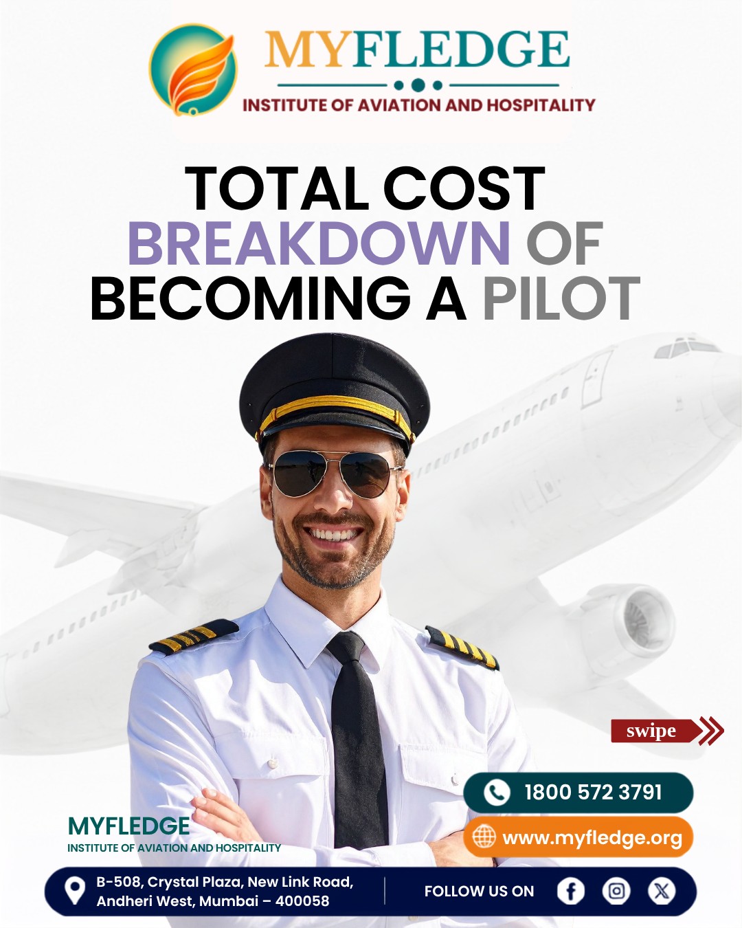 Ever wondered how much it costs to become a Commercial Pilot in India? 🛫
Becoming a pilot is a dream for many—but understanding the investment is the first step toward making that dream a reality.
In this carousel, we've broken down the estimated cost of becoming a pilot in 2026, from medical tests and ground classes to flying training and other essential expenses.
📌 Swipe through to explore:
✔ Total Estimated Cost
✔ Complete Cost Breakdown
✔ Key Training Expenses
✔ How to start your aviation journey
At MYFLEDGE – Institute of Aviation & Hospitality, we're committed to guiding aspiring aviation professionals with the right knowledge and career direction.
📢 Admissions Open – Batch 2026–27
📍 B-508, Crystal Plaza, New Link Road, Andheri West, Mumbai – 400058
📞 1800 572 3791
🌐 www.myfledge.org
💬 Is becoming a pilot your dream career? Let us know in the comments! ✈️
MYFLEDGE – Learn. Grow. Lead.
