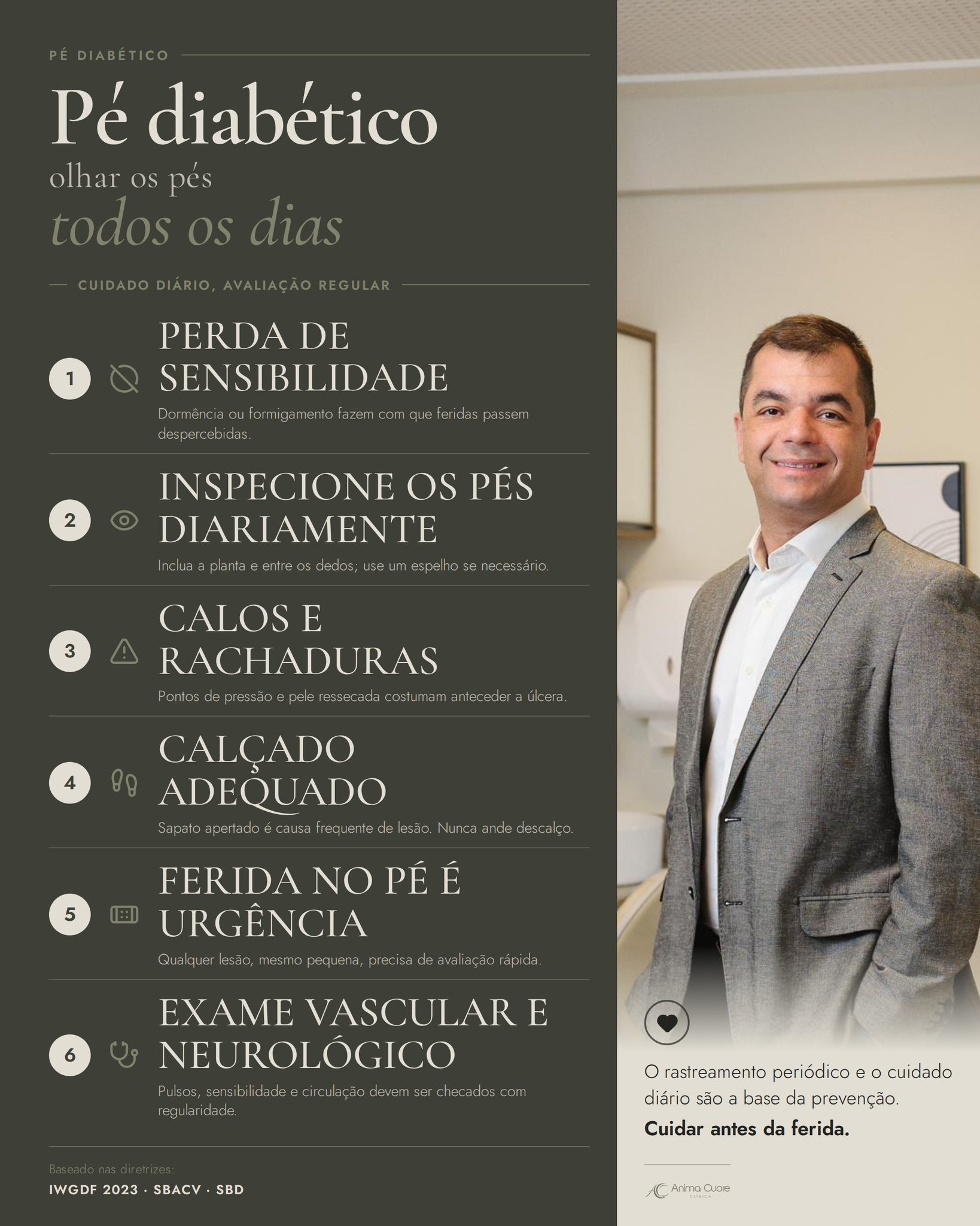 Quem convive com diabetes precisa olhar os pés todos os dias.
Quando a sensibilidade diminui, uma ferida pode nascer e crescer sem doer. Inspecione a planta e entre os dedos, evite andar descalço e desconfie de calos e rachaduras.
Qualquer lesão no pé, por menor que seja, merece avaliação rápida.
📍 Icaraí, Niterói · WhatsApp (21) 96704-2018
Fontes: IWGDF 2023 · SBACV · SBD