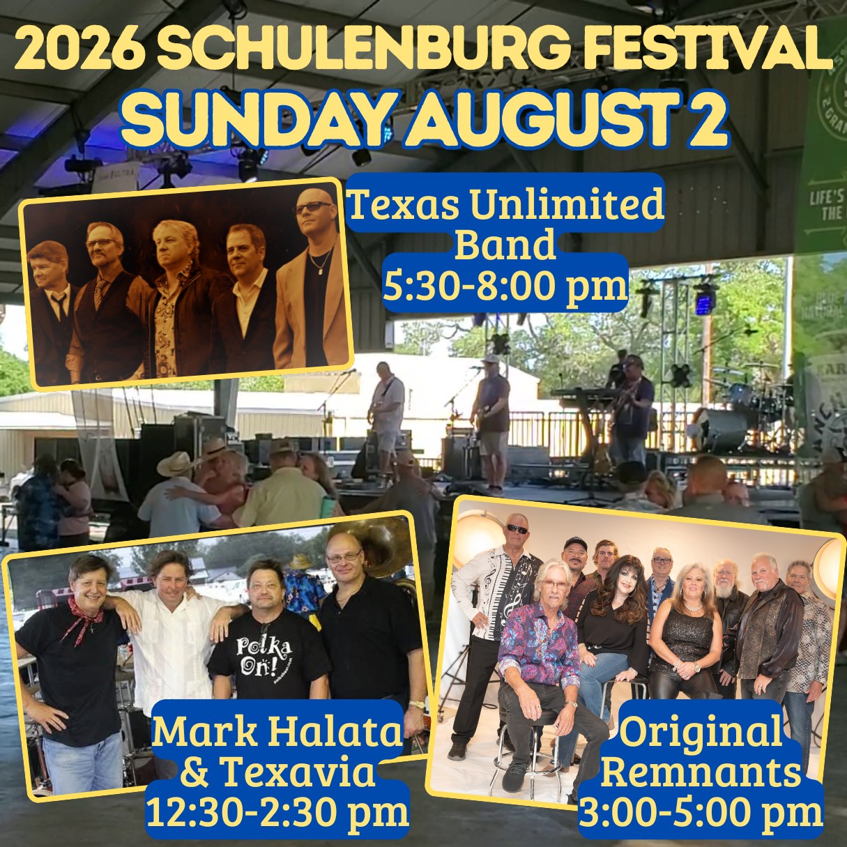 One week from now we'll be winding down the 2026 National Party of Texas!
Our Sunday afternoon music lineup has just the perfect vibe!!
🎵Mark Halata & Texavia - 12:30-2:30 pm 🪗🎸🥁
🎵Original Remnants - 3:00-5:00 pm 🎹🥁🎷🎺🎸
🎵Texas Unlimited Band TUB - 5:30-8:00 pm 🎸🥁
Start your day off with the parade, then head to the park for all the music.
Plus lots of food and cold beverages, the Carnival will be open from noon to 5, shop at the vendors, and try to dunk a cheerleader! See you there!!
@texasunlimitedband
#NationalPartyofTexas #sburgfest2026