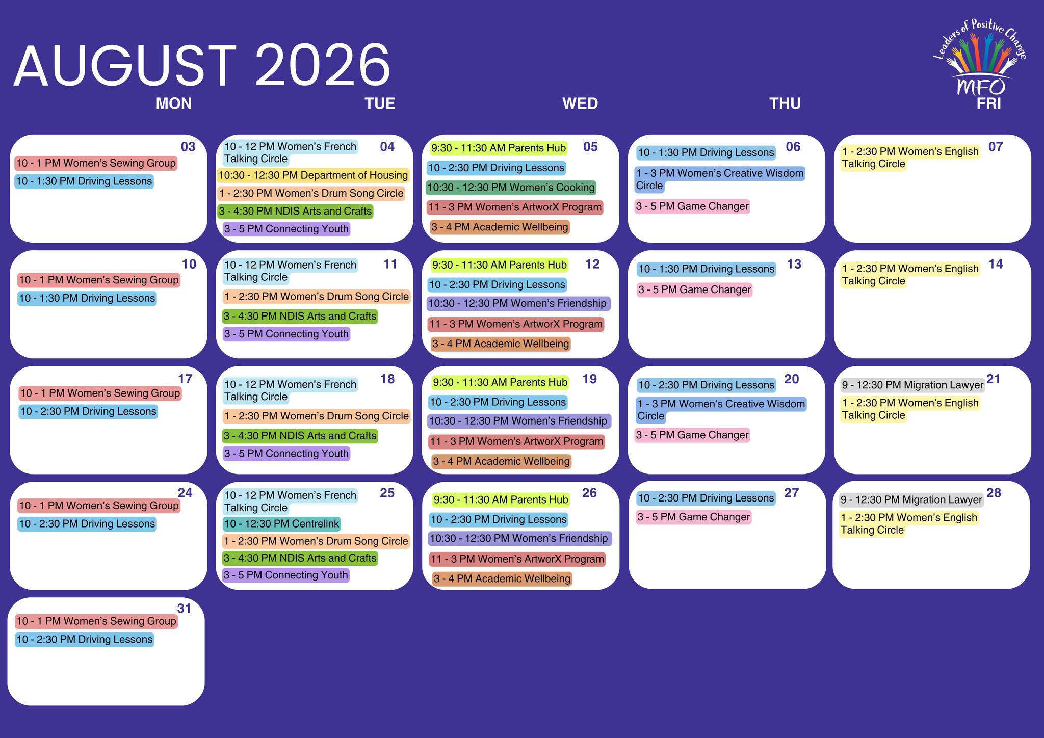 August is here, and MFO has another month of no-cost programs, services and community activities available across the Gold Coast! Our August calendar includes women’s groups, Centrelink support, NDIS activities, youth and family programs, community groups and other support services.
Migration Legal Advice appointments are also available this month, but places are limited. We recommend booking early to avoid missing out.
To join an activity or book a support service, email reception@mfo.org.au or call 07 5571 0385.
🔗 View the full calendar and find more information at www.mfo.org.au/monthly-calendar