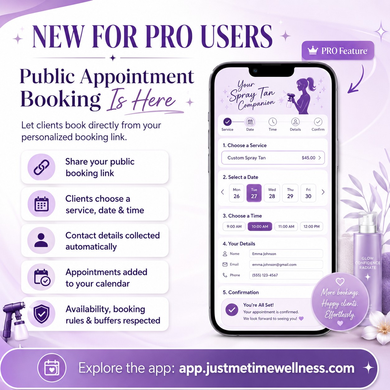 ✨ BIG UPDATE FOR YOUR SPRAY TAN COMPANION PRO USERS! ✨
Your booking link just became a real booking system. 💜
PRO spray tan artists can now create a personalized public booking link that allows clients to:
📲 View your available services
📅 Choose an available date
⏰ Select a real appointment time
📝 Enter their contact information
✅ Confirm their appointment instantly
Once the client confirms, the appointment is automatically added to your calendar and connected to their client record—without you having to manually enter everything.
The booking system also works with the tools you already control inside the app, including:
✨ Weekly availability
✨ Blocked dates and time ranges
✨ Minimum booking notice
✨ Maximum advance-booking limits
✨ Service duration and buffer time
✨ Existing appointment conflicts
That means clients only see times you are actually available.
No more endless messages trying to coordinate schedules. No more asking, “What days work for you?” and waiting hours for a response. Send your booking link and let Your Spray Tan Companion handle the scheduling process for you. 🙌
This is exactly what I want this app to become: one place where spray tan artists can manage their clients, appointments, formulas, education, inventory, troubleshooting, and business tools.
The new public appointment-booking feature is currently being tested and refined for PRO users, and I am so excited about how far it has already come! 💜
Explore Your Spray Tan Companion:
https://app.justmetimewellness.com
How to add it to your phone like an app:
📱 Android / Google Chrome:
Open the link in Google Chrome, tap the three dots in the top right corner, then choose “Add to Home Screen” or “Install App.”
🍎 iPhone / Apple:
Open the link in Safari, tap the share button, then choose “Add to Home Screen.”
#YourSprayTanCompanion #SprayTanApp #SprayTanArtist #SprayTanBusiness #SunlessTanning #SprayTanProfessional #SprayTanBooking #OnlineBooking #BeautyBusiness #BeautyBusinessTools #SprayTanEducation #SprayTanTraining #MobileSprayTan #BeautyEntrepreneur #SmallBusinessTools