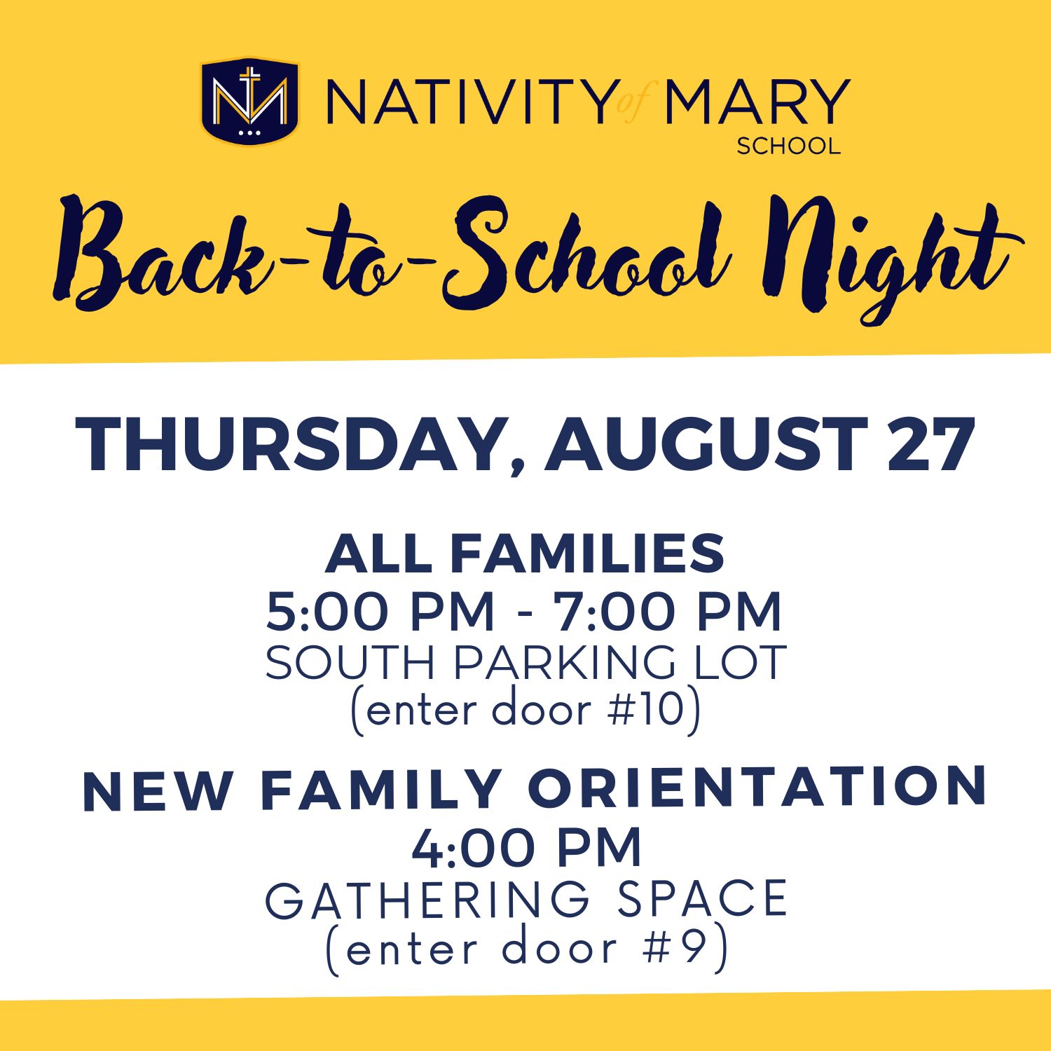 We can’t wait to welcome families to Back-to-School Night happening TOMORROW, Thursday, August 27!
New families are encouraged to attend New Family Orientation at 4:00 PM, followed by Back-to-School Night from 5:00-7:00 PM for all families.
We look forward to kicking off the new school year together!
#NativityofMarySchool #BacktoSchoolNight #NewFamilyOrientation #Welcome #NewSchoolYear #GoKnights