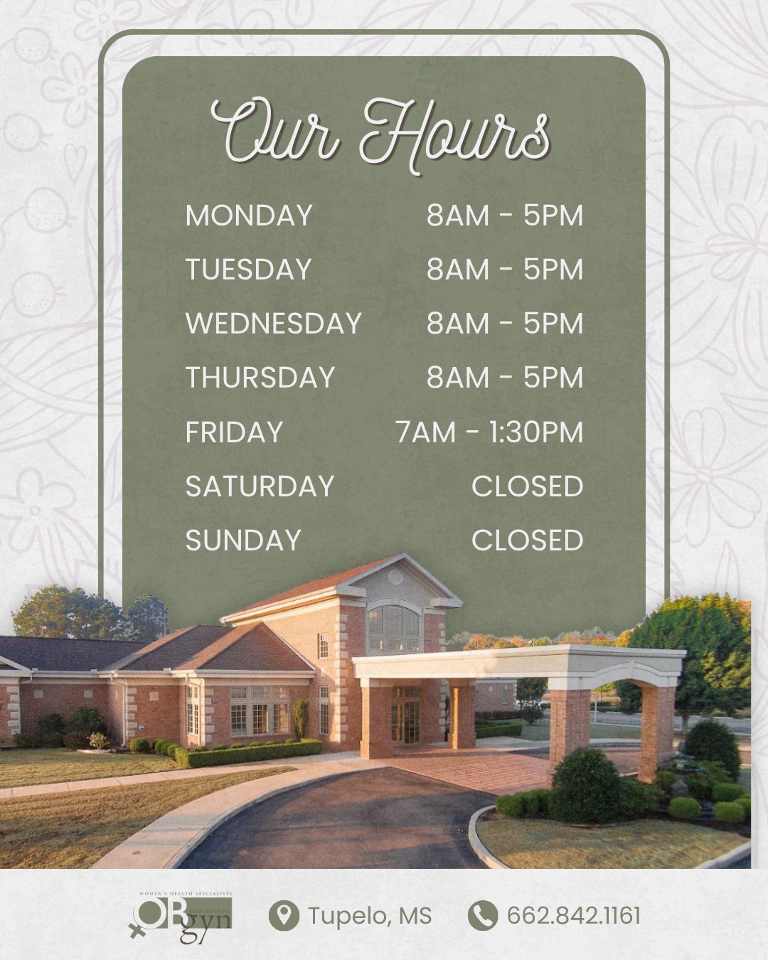 We're here when you need us! 💕
Whether you're scheduling your annual exam, prenatal visit, or follow-up appointment, our team is ready to provide the compassionate care you deserve.
📞 662.842.1161
📍 1793 Cliff Gookin Blvd, Tupelo, MS 38801
-
#OBGYNAssociates #TupeloOBGYN #TupeloMS #OBGYN #WomensHealth #OfficeHours #ScheduleYourAppointment #WomensHealthcare