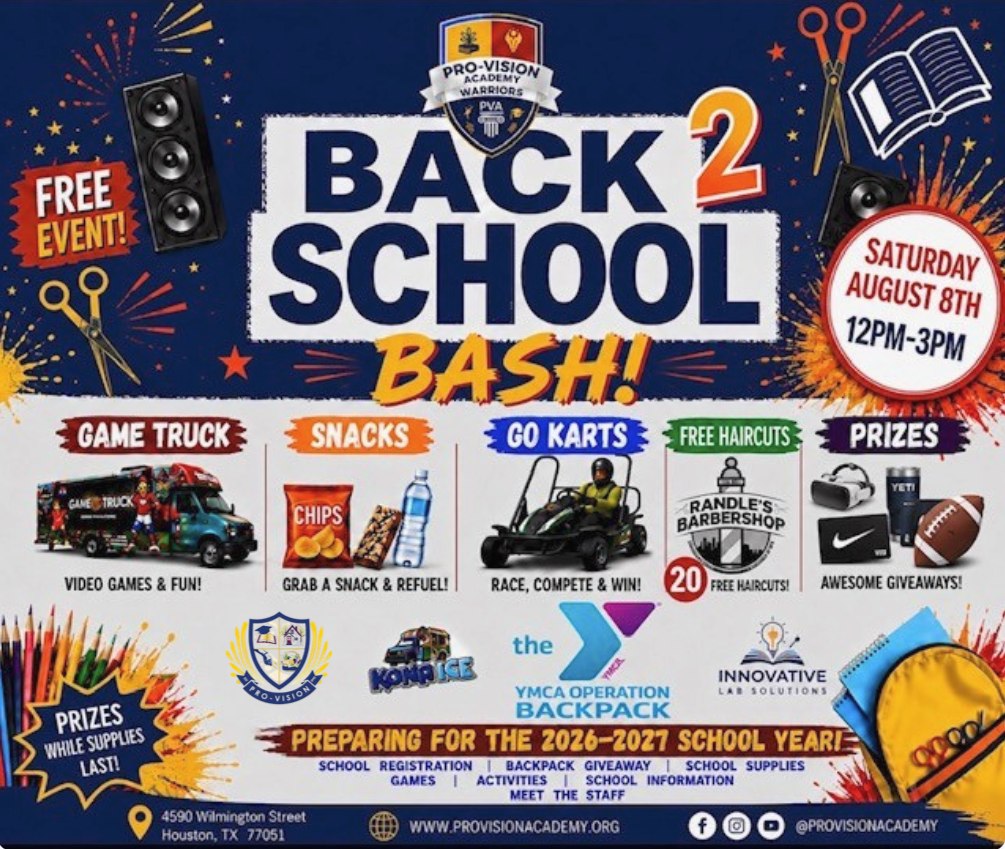 Join us for the Pro-Vision Academy Back 2 School Bash on Saturday, August 8, from 12:00–3:00 PM for an afternoon of family fun as we kick off the 2026–2027 school year!
Enjoy:
🎮 Game Truck (1pm-3pm)
🏎️ Go-Karts
✂️ 20 FREE Haircuts (first come, first serve)
🎒 Backpacks & School Supplies (while supplies last)
🍿 Free Snacks
🎁 Awesome prizes, including VR headsets, Yeti cups, Nike gift cards, footballs, and more!
You'll also have the opportunity to register for school, meet our staff, and learn why Pro-Vision Academy is preparing students for success in college, career, and life.
📍 4590 Wilmington Street
🗓️ Saturday, August 8
🕛 12:00 PM – 3:00 PM
Bring the whole family, invite a prospective student, and come celebrate with us. We can't wait to welcome our community for an unforgettable day!
#ProVisionAcademy #Back2SchoolBash #SunnysideStrong #WarriorNation #FutureReady