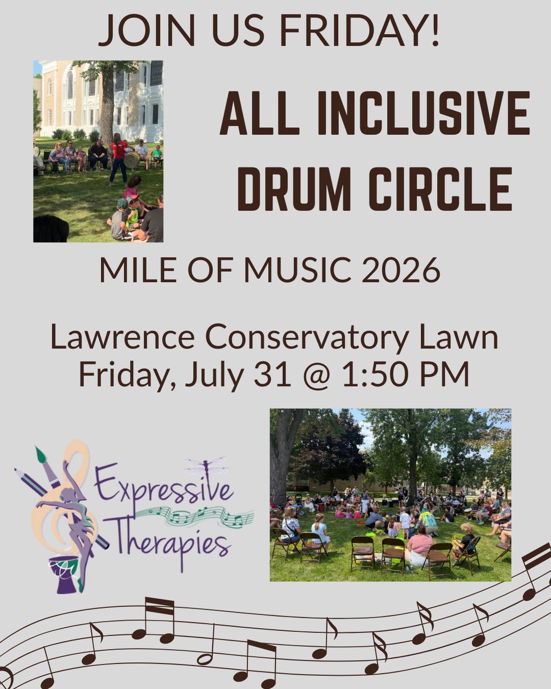 🥁 Mile of Music 2026, here we come! 🎶
We're excited to bring back our All-Inclusive Community Drum Circle on the Lawrence Conservatory Lawn!
📅 Friday Afternoon
🕐 1:50 PM
🌟 All ages, abilities, and experience levels welcome!
Come connect, create rhythm, and celebrate music together. No experience needed—just bring yourself and join the beat! 💙
#MileOfMusic #CommunityDrumCircle #InclusiveMusic #AppletonWI #MusicForEveryone #musictherapy #expressivetherapiesllc
