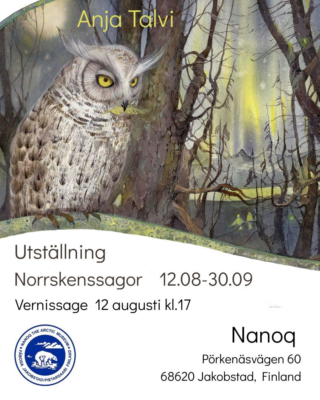 SWE 🇸🇪
Konstnären Anja Talvi presenterar akvarellutställningen Norrskenssagor vid Arktiska museet Nanoq. Akvarellerna är inspirerade av föreställningar, myter och sagor om norrsken från olika delar av Norden och Arktis. Serien började växa fram för mer än tio år sedan och fortsätter att utvecklas än i dag.
🎨Vernissage
🗓Onsdag 12:e augusti
⏱ kl. 17.00
📍Goichmans Galleri, intill caféet
Varmt välkomna!
🇬🇧 ENG
Artist Anja Talvi presents the watercolor exhibition Northern Lights Tales at Arctic museum Nanoq. The watercolors are inspired by beliefs, myths, and legends about the Northern Lights from different parts of the Nordic region and the Arctic. The series began to take shape more than ten years ago and continues to evolve to this day.
🎨Exhibition Opening
🗓Wednesday, 12 August
⏱ 5:00 PM
📍Goichmans Gallery, next to the café
Everyone is warmly welcome!
🇫🇮 FI
Taiteilija Anja Talvi esittelee akvarellinäyttelyn Revontulisatuja. Akvarellit ovat saaneet inspiraationsa Pohjoismaiden ja arktisen alueen eri osissa kerrotuista revontuliin liittyvistä uskomuksista, myyteistä ja tarinoista. Teossarja alkoi muotoutua yli kymmenen vuotta sitten ja kehittyy edelleen.
🎨Näyttelyn avajaiset
🗓Keskiviikkona 12. elokuuta
⏱ Klo 17.00
📍Goichmanin galleria, kahvlian vieressä
Lämpimästi tervetuloa!
#visitpietarsaari #visitjakobstad #jakobstad #Nanoq #art