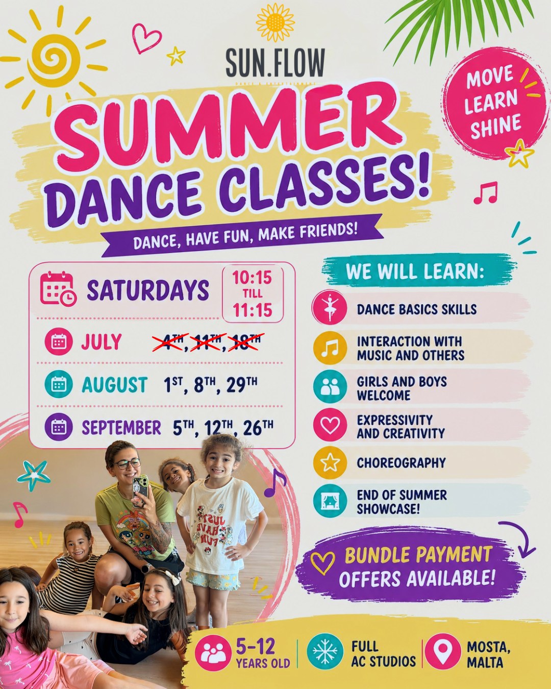 ๐ปโจ SUMMER DANCE CLASSES CONTINUE THIS AUGUST! โจ๐ป
Our July classes have been fantastic, and we can't wait to welcome everyone back for Class 4 on Saturday, 1st August! ๐๐บ
If you're still looking for a fun, active, and creative activity for your child this summer, there's still time to join us!
๐๏ธ Saturdays | 10:15 โ 11:15
๐ Beat Studio, Mosta
๐ง๐ฆ Ages 5โ12 years
โ๏ธ Fully air-conditioned dance studios
During our summer programme, children will:
๐ Learn dance basics and technique
๐ต Develop rhythm and musicality
๐ค Build confidence and make new friends
๐ญ Explore creativity and self-expression
๐ Learn exciting choreographies
๐ป Perform in our End of Summer Showcase for family and friends!
๐
Remaining Summer Classes
โ๏ธ August: 1st, 8th, 29th
โ๏ธ September: 5th, 12th, 26th
๐ Bundle payment offers are still available for the remaining classes.
โจ Girls and boys of all abilities are welcomeโwhether your child is a complete beginner or already loves to dance, we'd love to have them join the SUNFLOW family!
๐ฉ Send us a message today to reserve your child's place. We can't wait to dance with you! ๐ป
#SunflowDance #SummerDanceClasses #KidsDance #DanceForKids #SummerActivities