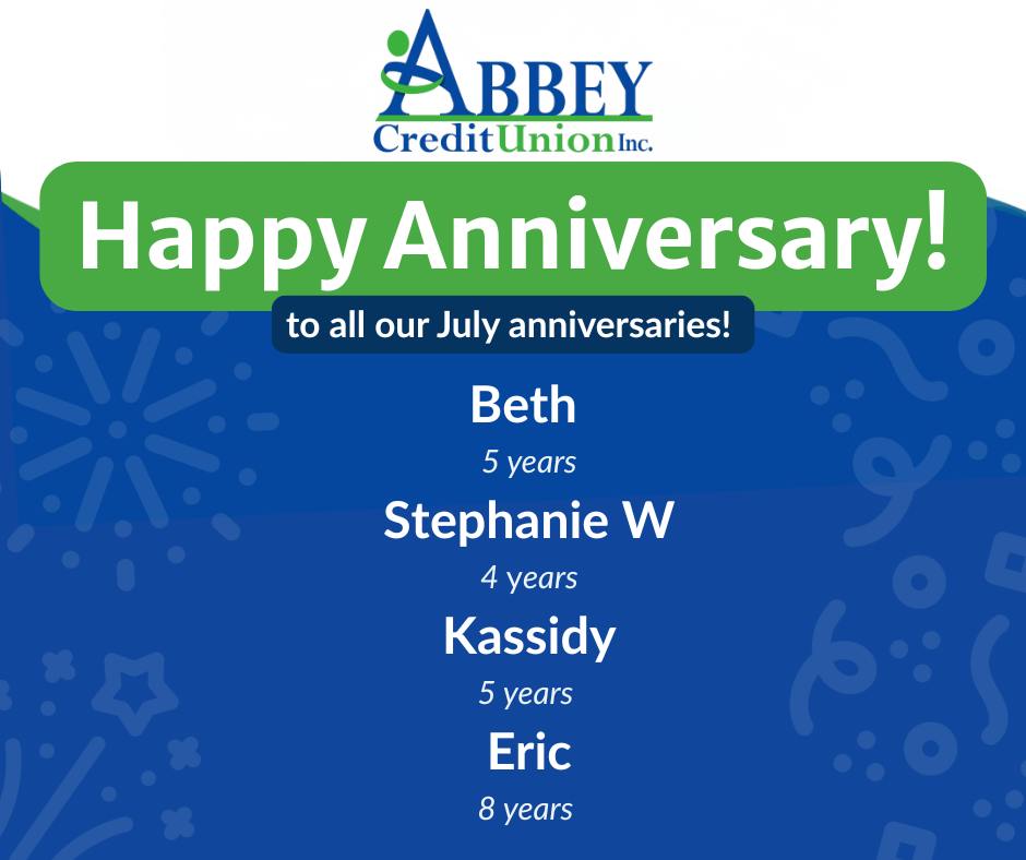 July brings a few milestones worth celebrating. ๐
These anniversaries are a reminder of what keeps Abbey feeling like a true community, not just a workplace. Every year of service builds trust with our members and strengthens the team behind the counter. We see the effort. We appreciate the heart behind it. Congratulations to this month's honorees, and thank you for growing with us. ๐๐