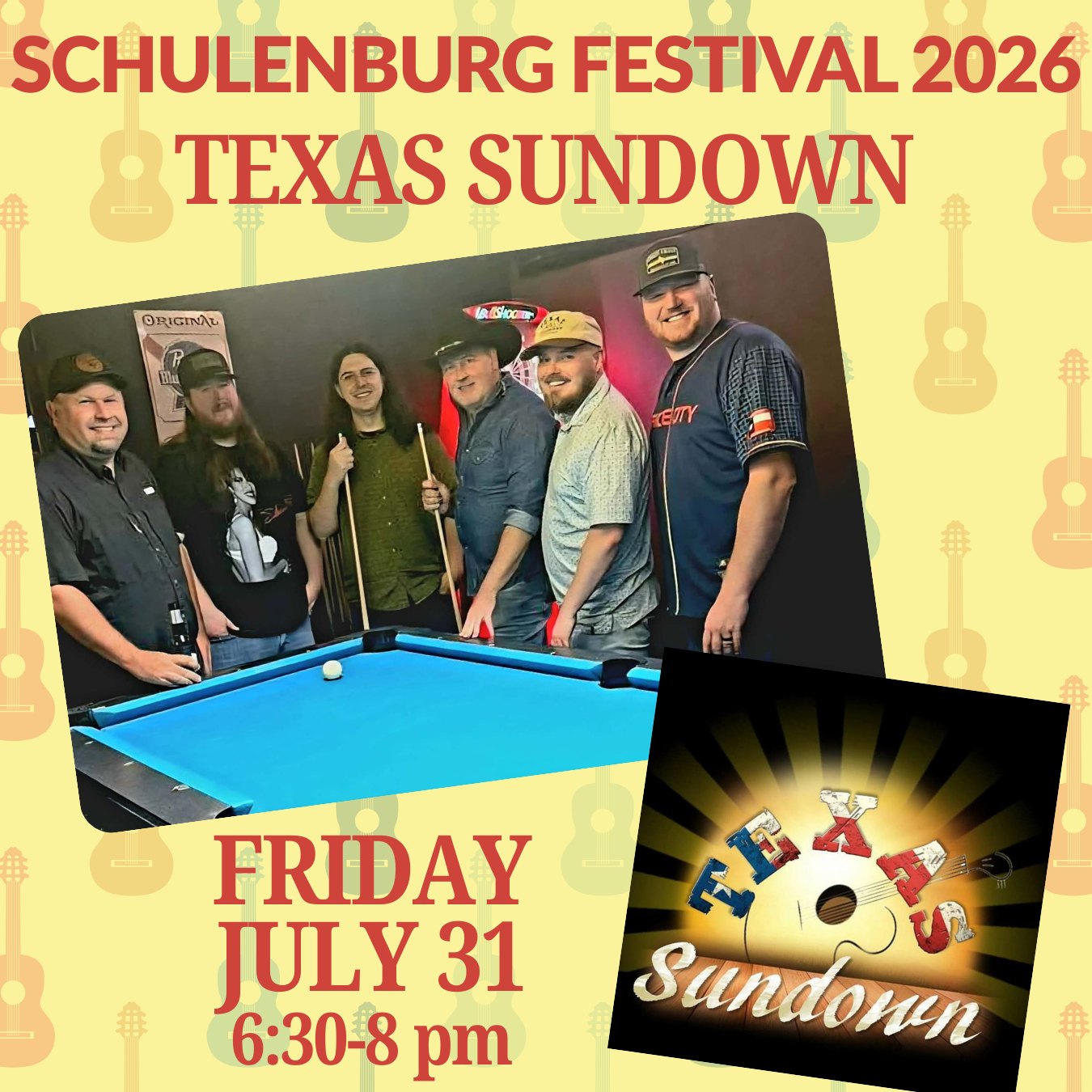 Festival Friday night kicks off with Texas Sundown!!
These guys from Cypress will get us going with a variety of Texas Country, 90's Country, and some Top 40 Country.
A stylistically unique Country Band from day one, the members of @texassundownband have been singing, performing, and playing in sync as if they’d been together their entire musical careers. Throughout the course of the band’s union, they have won over the hearts of music lovers, performing at a variety of venues, making friends with other musicians in the business.
They’ve got some Schulenburg connections and have played the Festival in the past, so they know what to bring to the National Party of Texas stage!
Be there from the start on Friday at 6:30 pm!