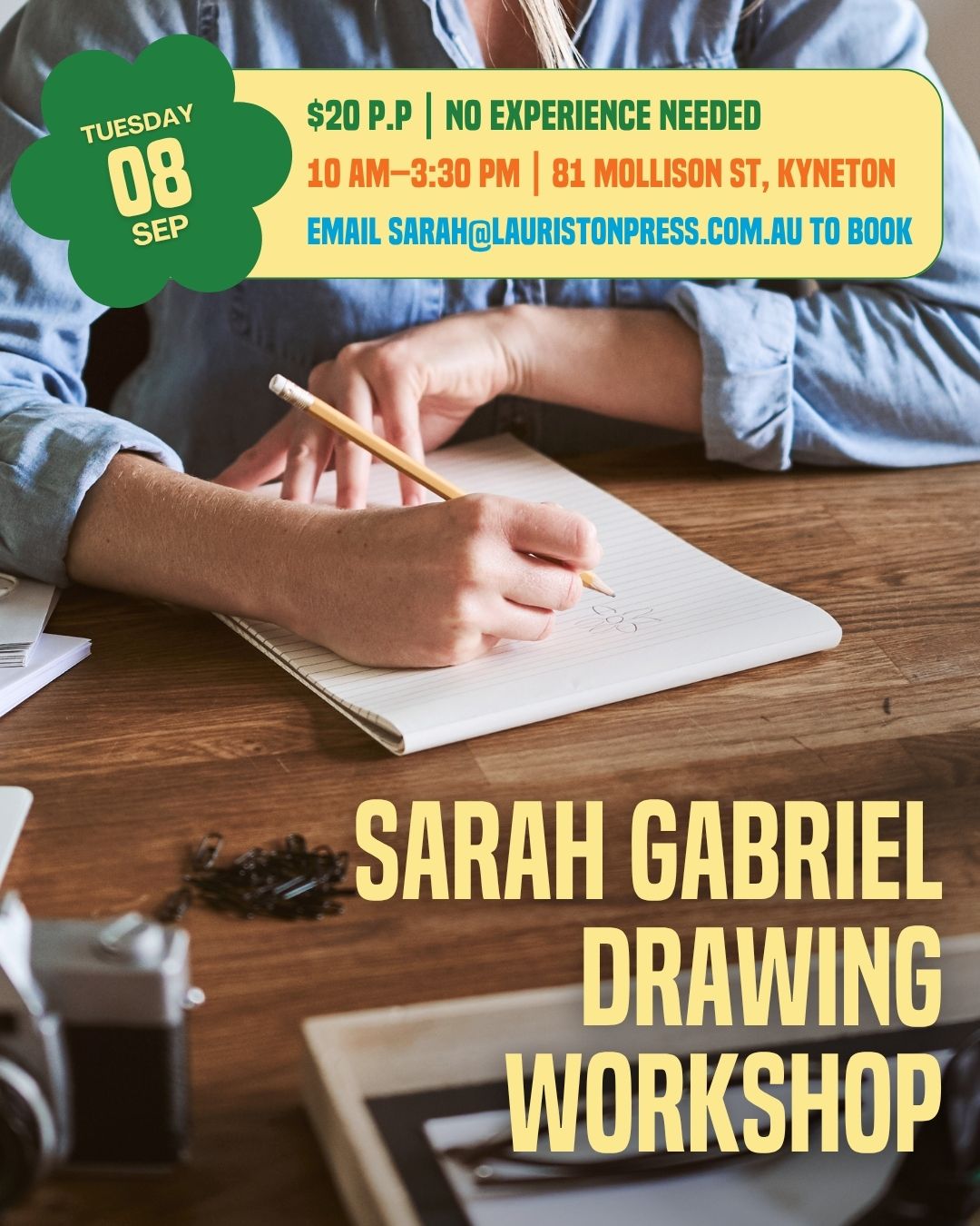 DRAWING TOGETHER with @sarahgabrielartist ✏️
Entry is $20 (please bring cash on the day), no EFTPOS. To secure your booking, please email sarah@lauristonpress.com.au
Tuesday 8 September. Mechanics Institute Kyneton.
9:30am for a 10am start, finishing at 3:30pm.
Come along and meet like-minded friends! You can arrange your own table of 6 or less, or come on your own and enjoy the great vibes!!
Beginners are welcome, or anyone who loves to draw!
--
The Kyneton Daffodil & Arts Festival
📍 4–13 September 2026
Supported by Major Sponsors @kynetononriverside
Visit our website to view all events and sponsors.