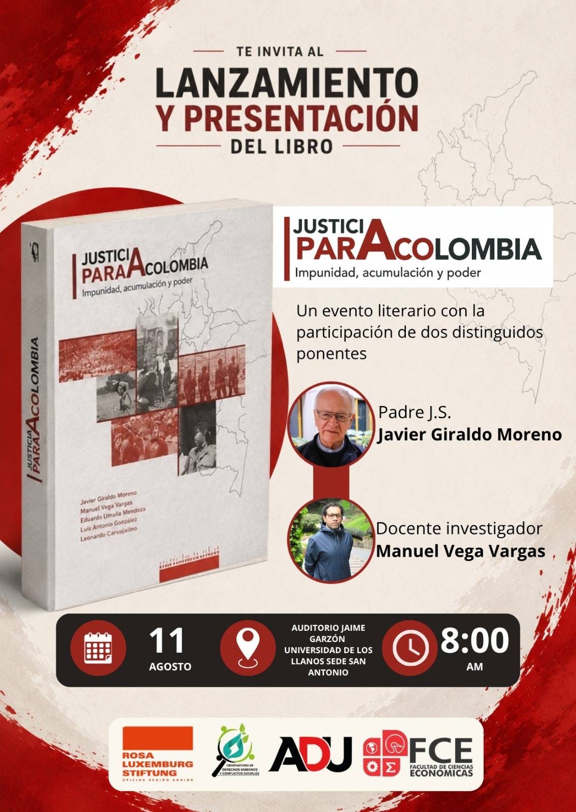 Tenemos el gusto de invitarlos al lanzamiento del libro Justicia Paracolombia, una investigación realizada por la Fundación Rosa Luxemburgo que busca ofrecer una base empírica para formular propuestas y recomendaciones al Estado colombiano orientadas a fortalecer el sistema de justicia en el juzgamiento y desmantelamiento del paramilitarismo, en el marco de la política de Paz Total.
Como señala la publicación, para nadie en Colombia es desconocido que el escenario de poder ha impedido hallar verdad, justicia y reparación para las víctimas y ha abonado a la perpetuación del conflicto armado en el país.
Los esperamos el próximo 11 de agosto, a las 8:00 a. m., en el Auditorio Jaime Garzón de la Universidad de los Llanos, para compartir este importante espacio de reflexión y diálogo en torno a los desafíos de la justicia, la memoria y la construcción de paz en Colombia