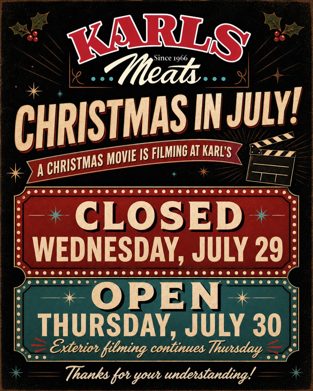 🎄🎬 Christmas in July at Karl’s!
Today is Monday, July 27th, and we have some exciting news—a Christmas movie is being filmed at Karl’s this week!
We’ll be CLOSED on Wednesday, July 29th while filming takes place inside the shop.
We’ll be OPEN on Thursday, July 30th while filming continues outside.
Thanks for your understanding—and don’t be surprised if you spot a little Christmas movie magic at Karl’s! 🎅✨
Smakelijk eten! 😋
— The Karl’s Meats Team 💪
📍 Karl’s Meats2621 W. Railway St, Abbotsford, BC.
📞 (604) 859-9011
#KarlsMeats #ChristmasInJuly #MovieMagic #Abbotsford #AbbotsfordBC #FraserValley #ShopLocal #SupportLocal #LocalButcher #ButcherShop #FilmLocation #ExploreAbbotsford