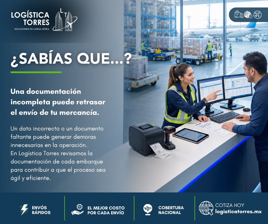 ✈️ ¿Sabías que...?
📄 Una documentación incompleta puede retrasar el envío de tu mercancía.
Antes de que una carga pueda ser embarcada, es indispensable que la información y los documentos requeridos sean correctos y estén completos. Un dato incorrecto o un documento faltante puede generar demoras innecesarias en la operación.
En Logística Torres revisamos la documentación de cada embarque para contribuir a que el proceso sea ágil y eficiente.
✅ Verificación documental previa al embarque
✅ Revisión de la información del envío
✅ Acompañamiento durante el proceso
✅ Mayor eficiencia en la operación logística
Porque una operación exitosa comienza con una documentación correcta.
📩 Nuestro equipo está listo para orientarte y ayudarte a preparar tu embarque desde el primer paso.
.
.
.
.
#SabíasQue #LogísticaTorres #CargaAérea #Logística #Documentación #TransporteAéreo #CargaSegura #Envíos #tucargasegura #tucargasegurayatiempo #logistica #volariscargo #logisticaytransporte #SomosLogisticaTorres #enviosnacionales