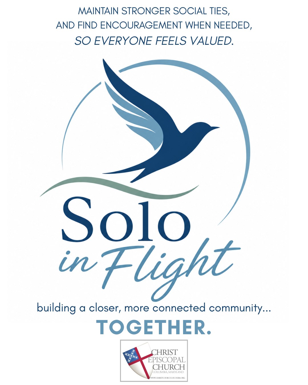 SOLO in FLIGHT - a new Christ Church Fellowship Group for Seniors
We are thrilled to announce the launch of Solo in Flight, a brand-new fellowship program dedicated to bringing connection, conversation, and support to our older adult community.
As the years pass, routines change, and maintaining strong social ties can sometimes become a challenge. Whether you are looking to expand your circle of friends, enjoy the comfort of a caring conversation, or find extra encouragement in your daily routine, our goal is to offer compassionate support so every member feels valued, heard, and included.
Solo in Flight will include no- and low-cost activities for both small and large groups, from casual one-on-one visits tailored to shared hobbies and interests, to welcoming group activities designed for enjoyable conversation. Have an interest or hobby that you want to share with others? Did you used to go to places designed for enjoying with others, and want to do them again? Nothing is off the table! We are looking to build a group that develops long-lasting friendships with neighbors who understand your journey.
This is a group whose activities and content are designed by its participants, so everyone has room to share their ideas, wishes, and goals. Tonight, we will have an introductory group conversation with others interested, so please join us on Zoom at 7:00 p.m., and let's get it off the ground! You'll find the Zoom link in an email sent this afternoon, or you can email info@christchurchcolumbia.org, and we will send it to you.
We look forward to building a closer, more connected community together.