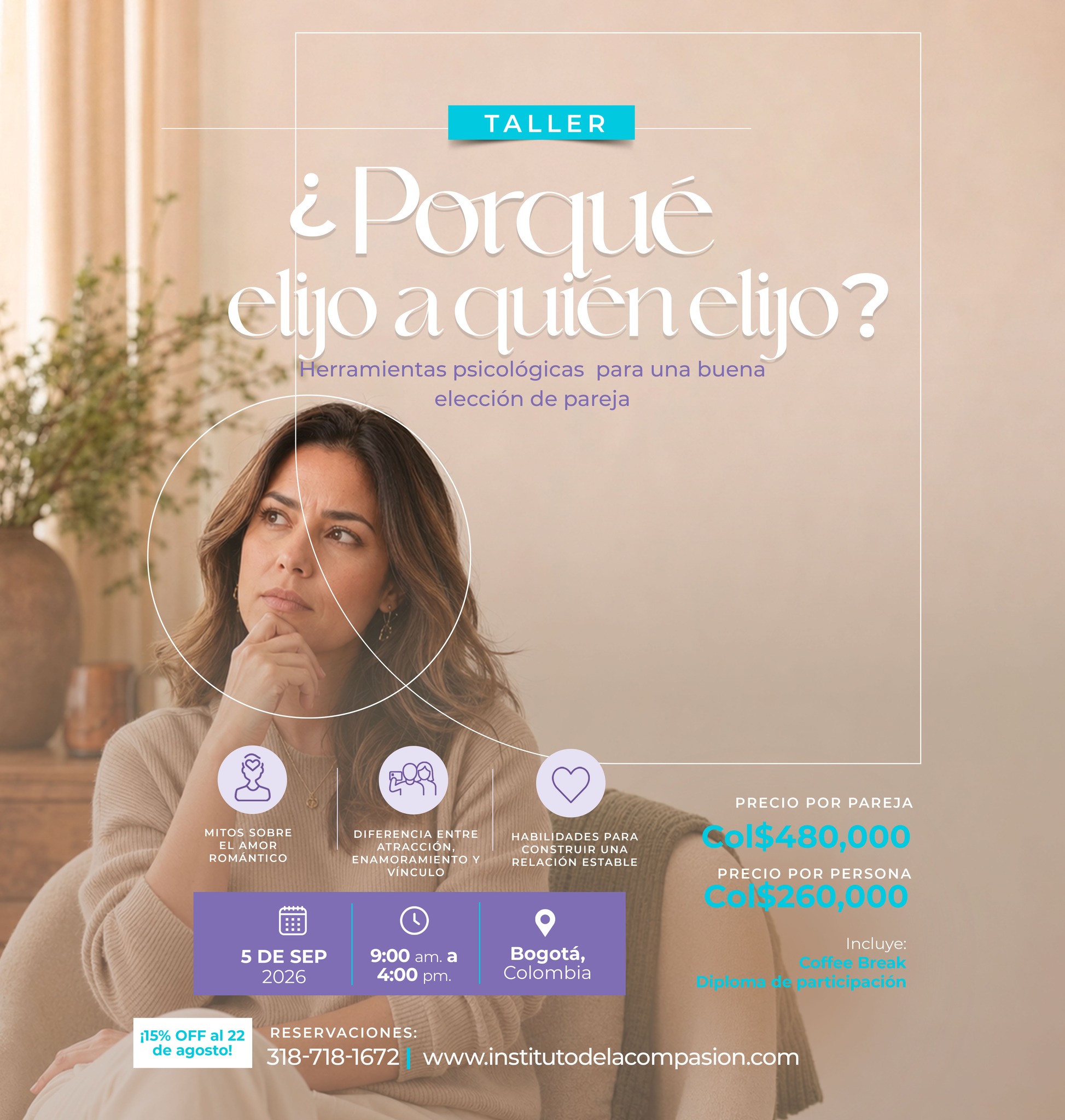 ✨ ¿Por qué algunas historias se repiten, incluso cuando cambian las personas?
Nuestras elecciones afectivas no dependen únicamente de lo que deseamos conscientemente. También están influenciadas por nuestra historia emocional, nuestras necesidades y las formas en que aprendimos a relacionarnos.
💙 Este 5 de septiembre 2026, acompáñanos en un taller para comprender desde dónde construyes tus vínculos, reconocer patrones y aprender a elegir de una manera más consciente.
No necesitas estar en pareja para participar. Este espacio también está pensado para personas solteras, separadas o que desean comprender mejor su historia afectiva.
Escríbenos por WhatsApp para conocer el programa o visita nuestra página web: www.institutodelacompasion.com