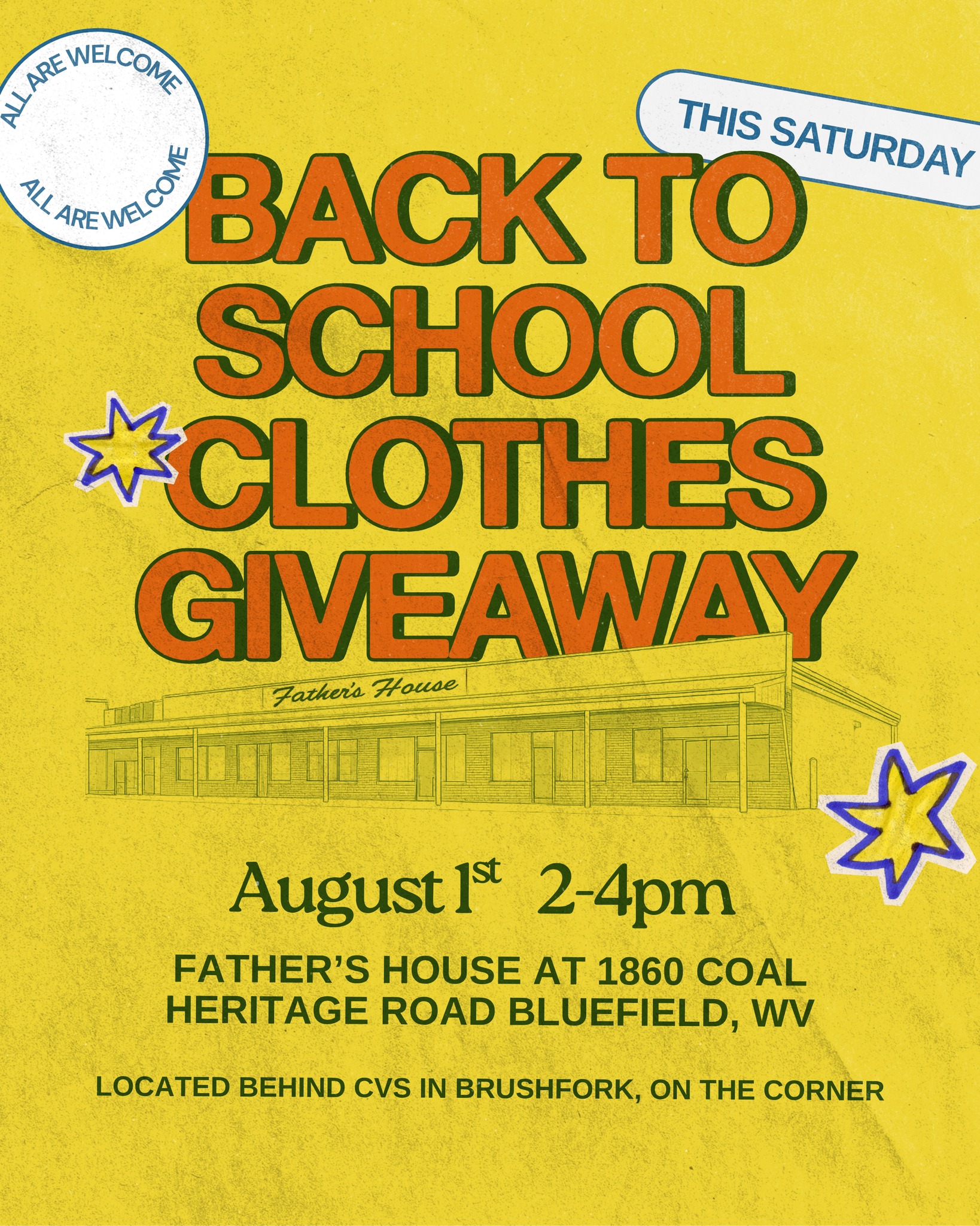 ‼ This Saturday ‼
We are giving away FREE school clothes, sizes youth small to adult large, this Saturday, August 1st, from 2-4pm for anyone in our community🤍 We'll be serving free hot dogs, providing some games, and would love to see you there.
📍1860 Coal Heritage Road, Bluefield WV | Behind CVS in Brushfork
