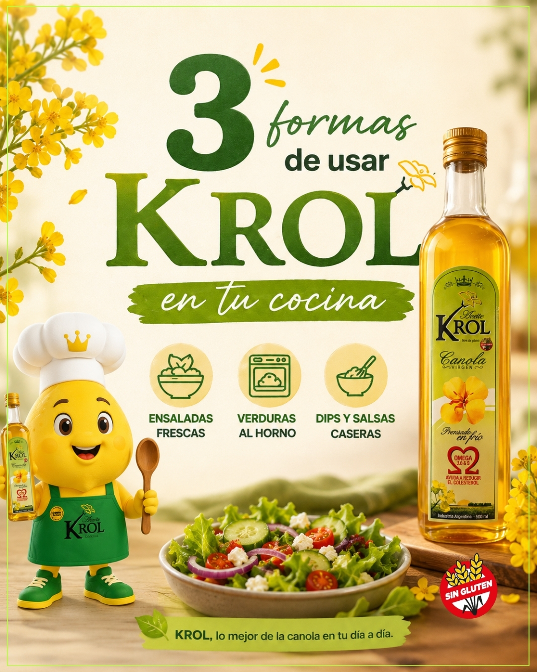 Hay elecciones simples que pueden transformar tu cocina diaria. 💚
KROL es Aceite de Canola Virgen, prensado en frío, con Omega 3, 6 y 9, y un sabor suave que acompaña distintas preparaciones.
Sumalo a tus recetas de todos los días.