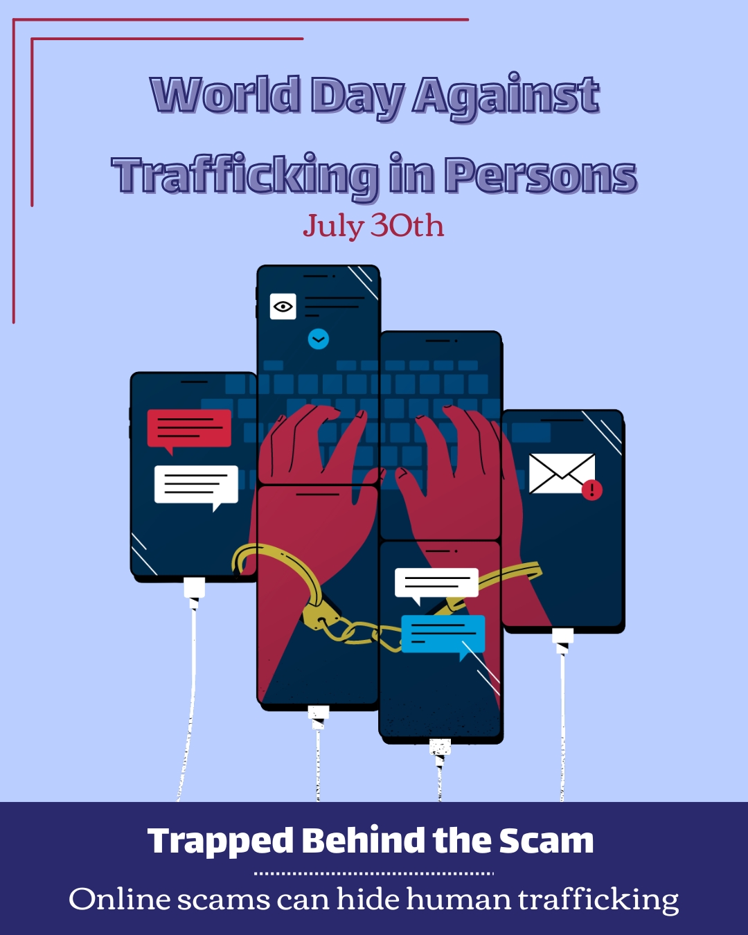 Behind some online scams is a hidden form of human trafficking.
People are being recruited through fake job opportunities, then forced to carry out cyber-enabled scams under coercion, violence and fear.
This World Day Against Trafficking in Persons, we are joining the “Trapped Behind the Scam” campaign to raise awareness of this growing form of exploitation.
Learn the signs. Question suspicious job offers. Share credible information. Together, we can help protect those affected and hold traffickers accountable.
💙 Be aware. Learn about human trafficking and its root causes.
💙 Be alert. Know the signs. Trafficking can happen at work, online, in schools, during travel and within personal networks.
💙 Be responsible. Consider whether the goods and services you purchase may be connected to forced labor or sexual exploitation.
💙 Get involved. Learn about anti-trafficking efforts in your community and encourage others to get informed.
💙 Be compassionate. Listen to survivors, challenge harmful assumptions and support organizations providing survivor-centered services.
Breaking Free provides housing, advocacy, healing services and critical resources for survivors of sexual exploitation and trafficking. Your support helps create pathways to safety, stability and long-term healing.
Learn more about our work at https://www.breakingfreemn.org/ Learn more about today at www.endht.org
#EndHumanTrafficking #BreakingFreeMN