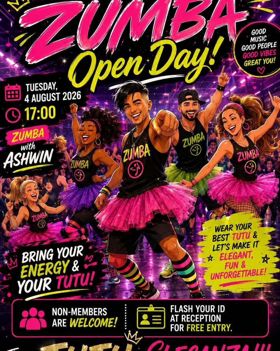 🎉 TUTU ELEGANZA is coming to Body Future Gym! 💃🕺
Get ready for an evening of high-energy fun, incredible music, and unforgettable vibes at our Zumba Open Day with the amazing Ashwin! 🌟
🗓️ Tuesday, 4 August 2026
🕔 17:00
📍 Body Future Gym
✨ Theme: TUTU ELEGANZA!
Bring your brightest, boldest, and most creative tutu—we’re turning fitness into a celebration! 🎀
💥 Everyone is welcome!
✅ Members
✅ Non-members
🎟️ FREE ENTRY – Simply show your ID at reception.
Whether you’re a seasoned Zumba enthusiast or trying it for the first time, this is your chance to dance, laugh, burn calories, and experience the incredible Body Future community.
Bring your friends, family, and colleagues and let’s make it an evening to remember! 💃🔥
#BodyFutureGym #ZumbaOpenDay #TutuEleganza #DanceFitness #ZumbaWithAshwin #GoodVibesOnly #FitnessCommunity #EersteRiver #DareToBeGreat
