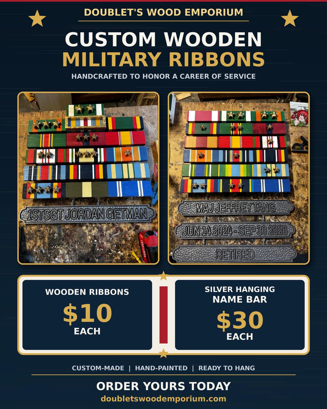 Your ribbon rack tells the story of your service—now you can display that story in wood.
Each military ribbon is handcrafted and hand-painted to create a one-of-a-kind display. Add a custom silver hanging name bar featuring a rank, name, service dates, unit, or retirement message.
🪵 Wooden ribbons: $10 each
🪵 Silver hanging name bars: $30 each
These make meaningful retirement, PCS, promotion, reenlistment, and going-away gifts for service members and veterans.
Message Doublet’s Wood Emporium to start your custom order, or visit doubletswoodemporium.com.
Tag someone whose military service deserves to be displayed!
#DoubletsWoodEmporium #MilitaryRetirementGift #MilitaryAwards #WoodenRibbons #MilitaryGift #VeteranOwnedBusiness #HandmadeWoodworking #USMCGift #PCSgift #GoingAwayGift #usmcgift #usmcgiftguide