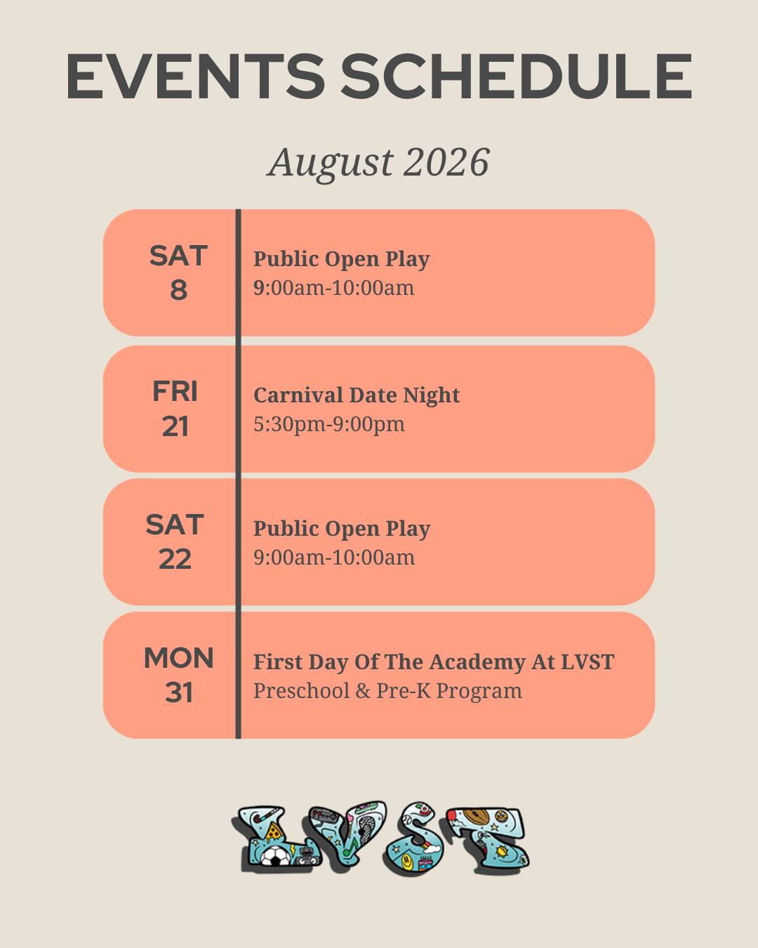 ✨ So much fun is coming up at Lehigh Valley Sports Turf! ✨
Save the dates and join us for some exciting upcoming events!
Saturday Morning Open Plays
Carnival-Themed Date Night
The First Day of School at The Academy at LVST
From playtime to the start of a brand-new school year, we can’t wait to make more memories with our LVST families!
#LehighValleySportsTurf #LVST #LehighValley #KidsActivities