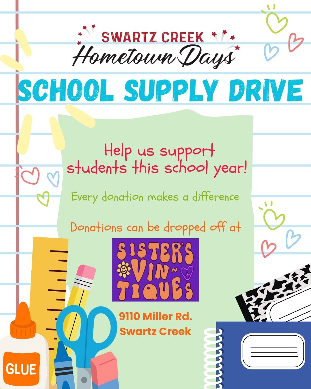 We’re getting ready for our Summer Send-Off!
We’re collecting school supply donations to support local students heading into the new school year. If you’re looking to give back, donations can be dropped off at Sister's Vin-tiques during store hours:
Sunday: 11 AM – 6 PM
Monday, Tuesday, Thursday: 10 AM – 6 PM
Wednesday: 12 PM – 8 PM
Friday & Saturday: 10 AM – 7 PM
Whether you’re an individual or a local business, every donation makes a difference. This is a great way to support students as they start the school year strong!