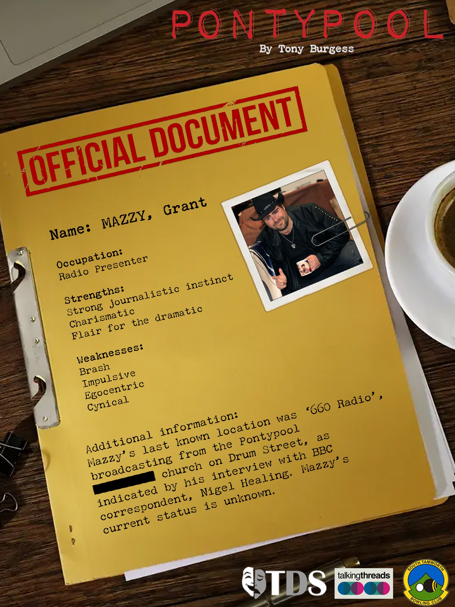 “I’m Grant Mazzy and I’ll be bangin’ the drum all mornin’ for ya, and as always taking no prisoners.”
PRIORITY TARGET
Mazzy’s broad appeal and ability to incense listeners raises concerns regarding his role as CLSY 660’s morning show host. Given the nature of the Pontypool incident, Mazzy must be stopped. Detain at all costs.
Join us this Friday at 7:30pm, for our Gala Opening Night celebrating the AUSTRALIAN PREMIERE of Pontypool partnering with South Tamworth Bowling Club and Talking Threads.
August 7-15th | Capitol Theatre Tamworth
Get tickets to the show here: https://entertainmentvenues.com.au/pontypool
#tdspontypool2026
#pontypool
#pontypoolbytonyburgess
#thingstodotamworth #captioltheatretamworth #auspremiere
#tds #tamworth #theatre #whatsontamworth
